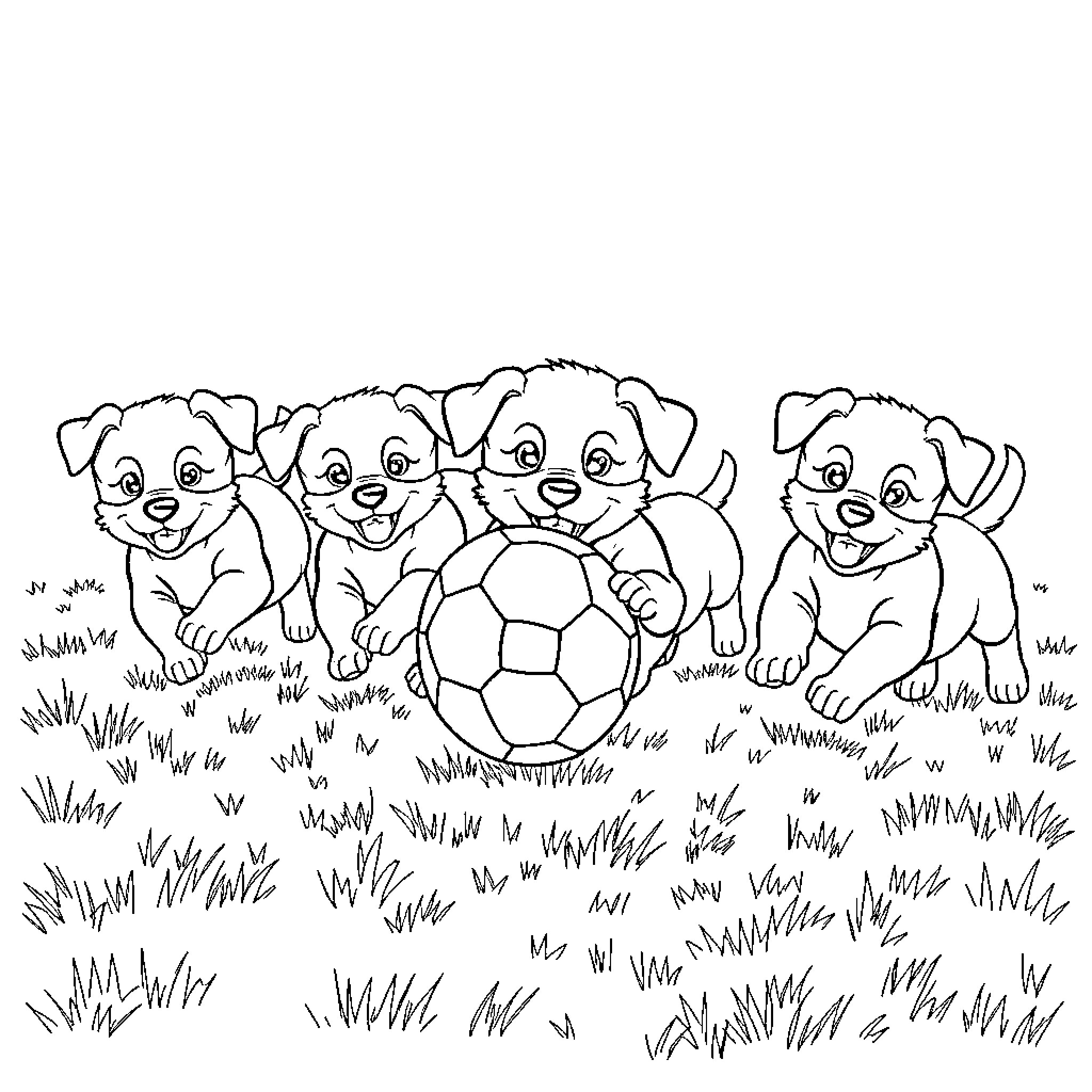 Puppies playing happily with a soccer ball in the grass Coloring Page (free black-and-white line drawing printable PDF for all, from beginners to advanced learners, including children, teens, adults, and seniors)
