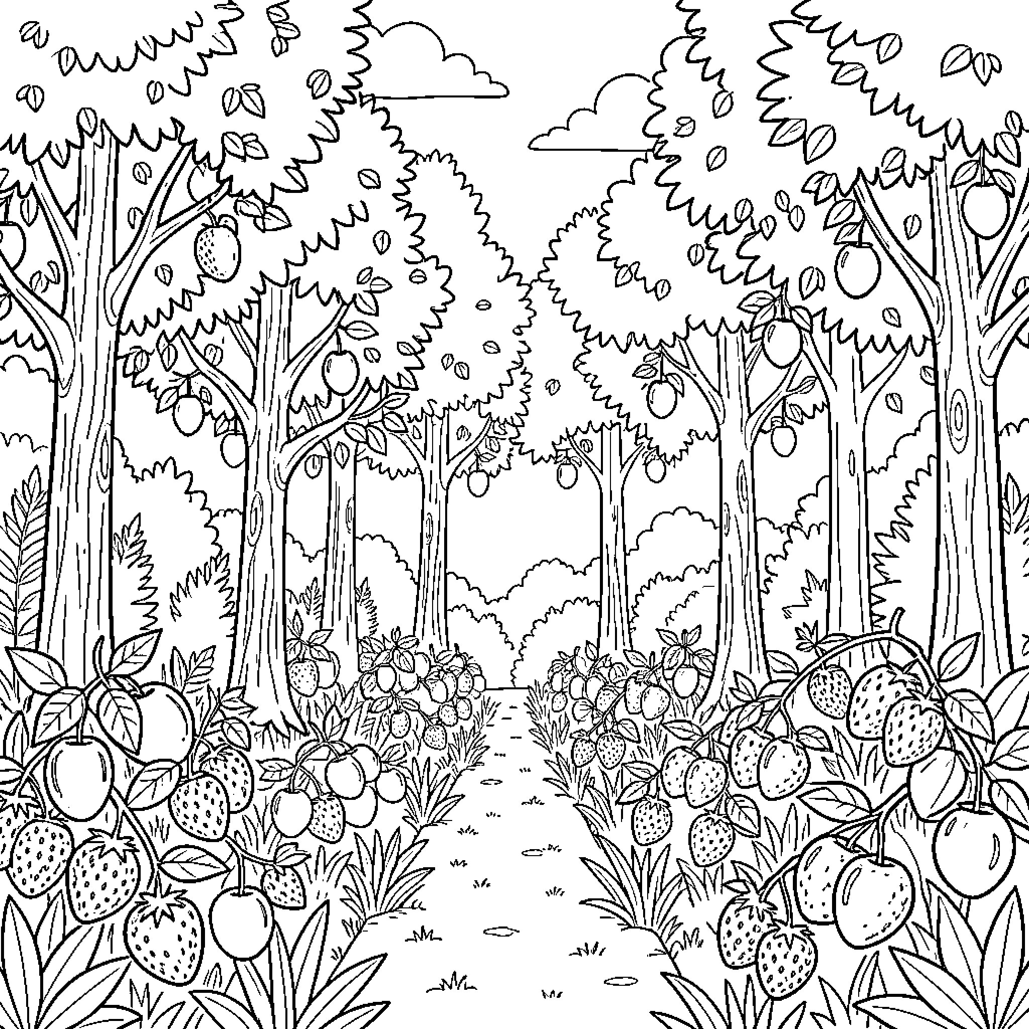 Garden scene with fruit trees and berry bushes Coloring Page (free black-and-white line drawing printable PDF for all, from beginners to advanced learners, including children, teens, adults, and seniors)