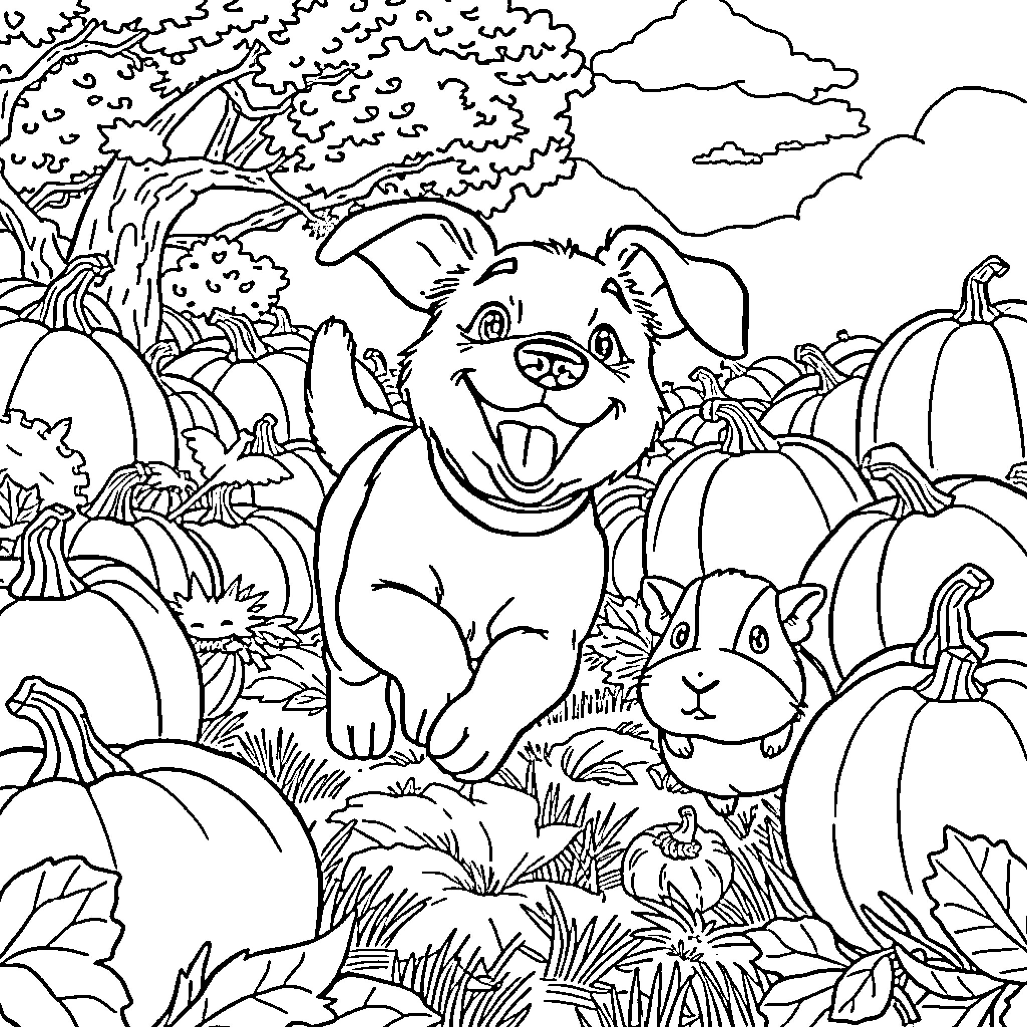 Dog playing happily in pumpkin patch with friends Coloring Page (free black-and-white line drawing printable PDF for all, from beginners to advanced learners, including children, teens, adults, and seniors)