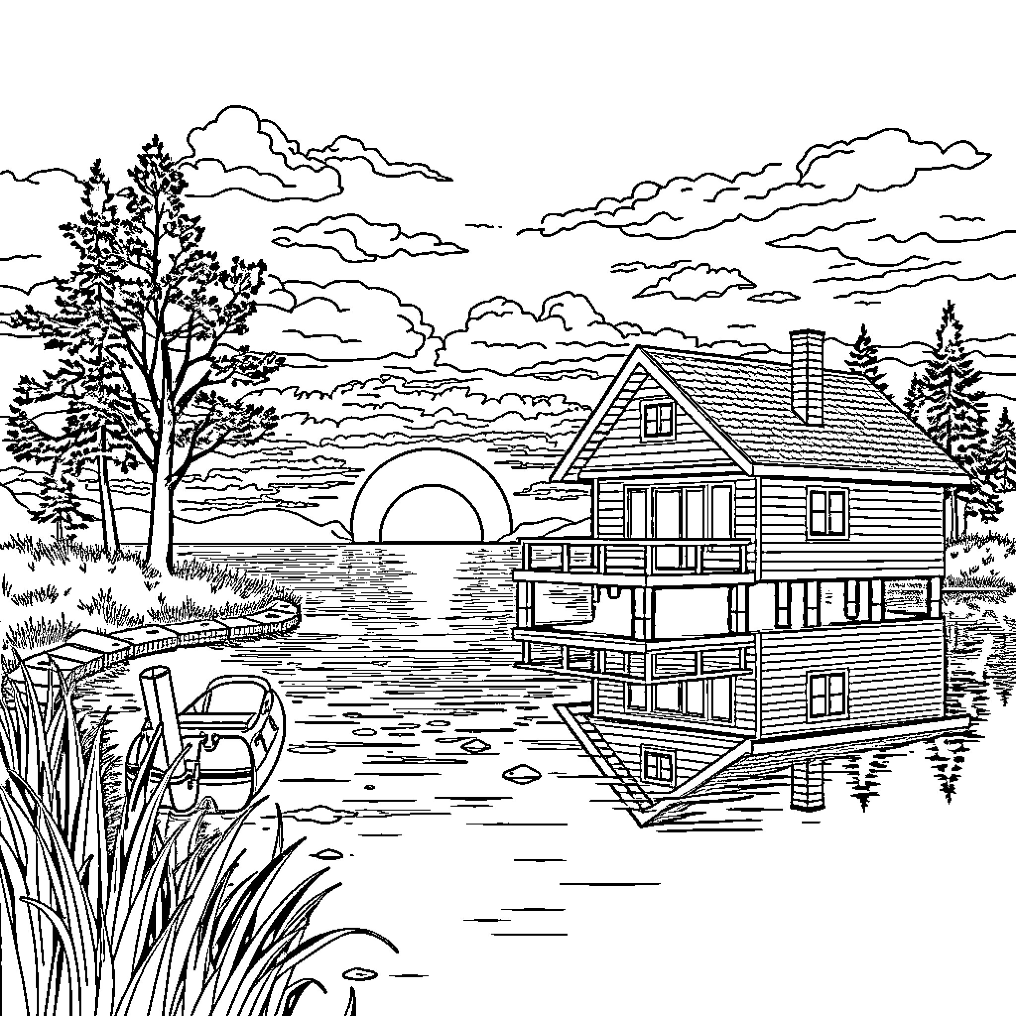 Lake House with Scenic Landscape and Reflections Coloring Page (free black-and-white line drawing printable PDF for all, from beginners to advanced learners, including children, teens, adults, and seniors)