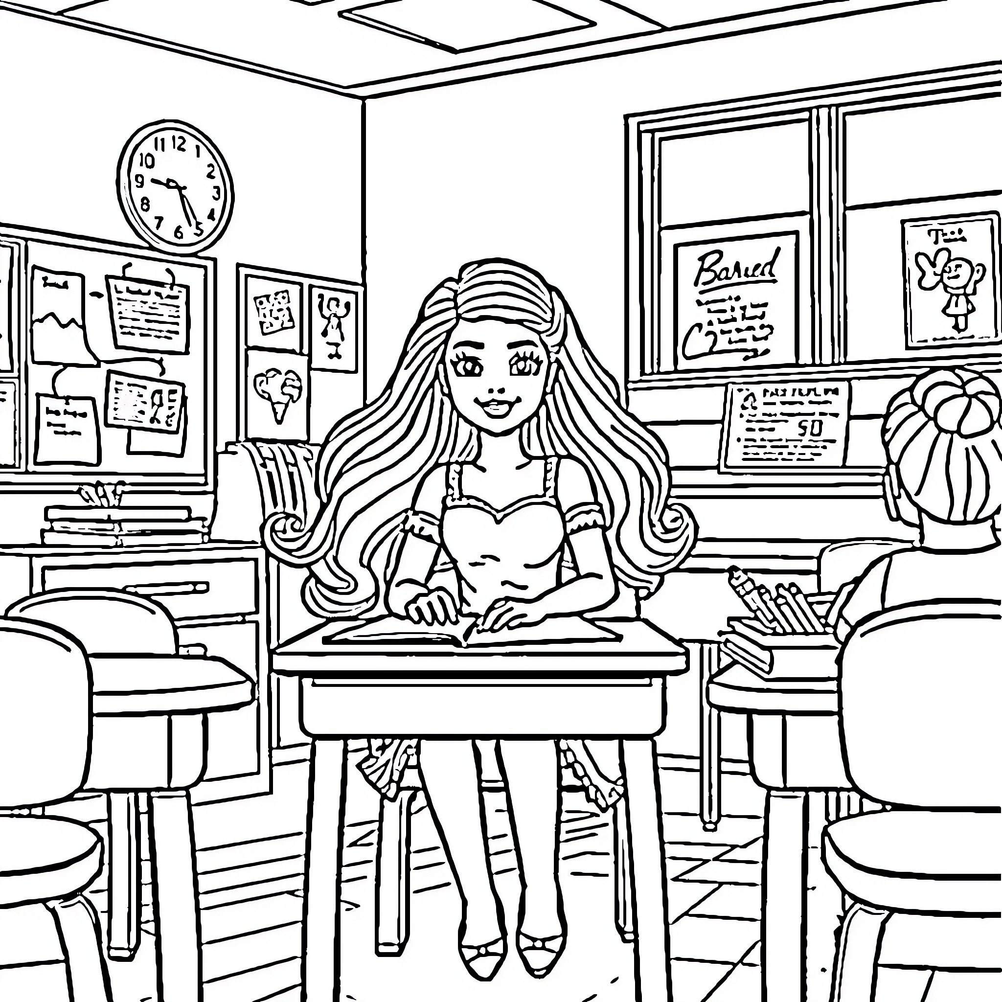 Barbie studying diligently in the classroom Coloring Page (free black-and-white line drawing printable PDF for all, from beginners to advanced learners, including children, teens, adults, and seniors)