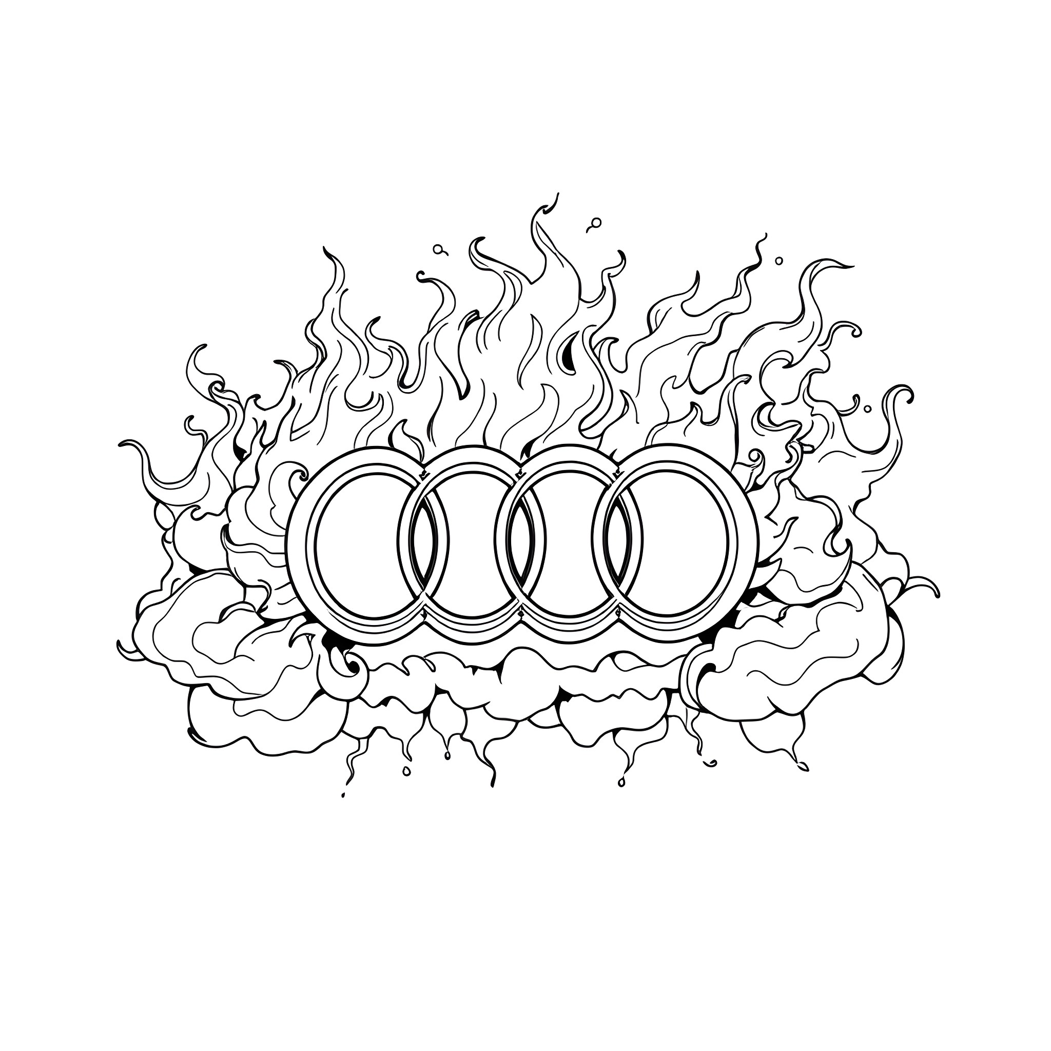 Audi logo surrounded by fiery energy Coloring Page (free black-and-white line drawing printable PDF for all, from beginners to advanced learners, including children, teens, adults, and seniors)