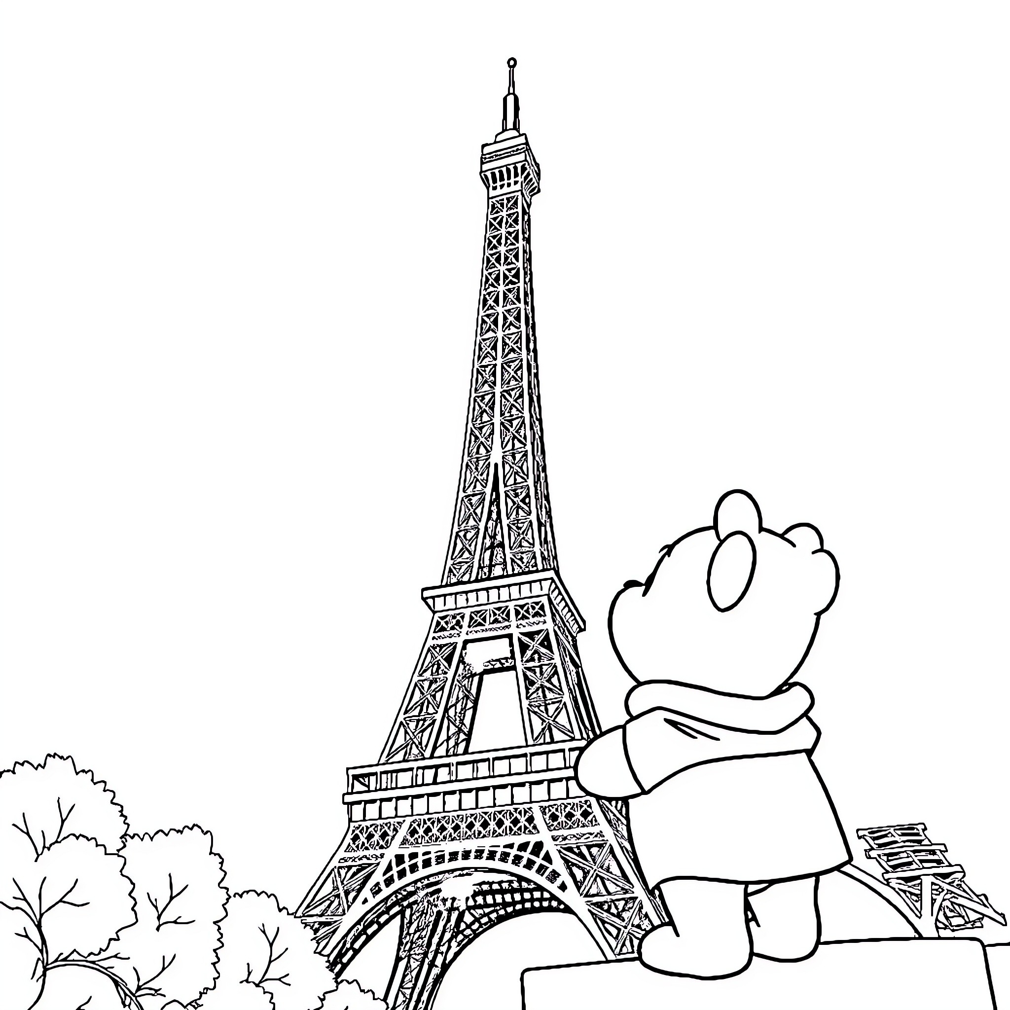 Winnie exploring the Eiffel Tower with wonder Coloring Page (free black-and-white line drawing printable PDF for all, from beginners to advanced learners, including children, teens, adults, and seniors)