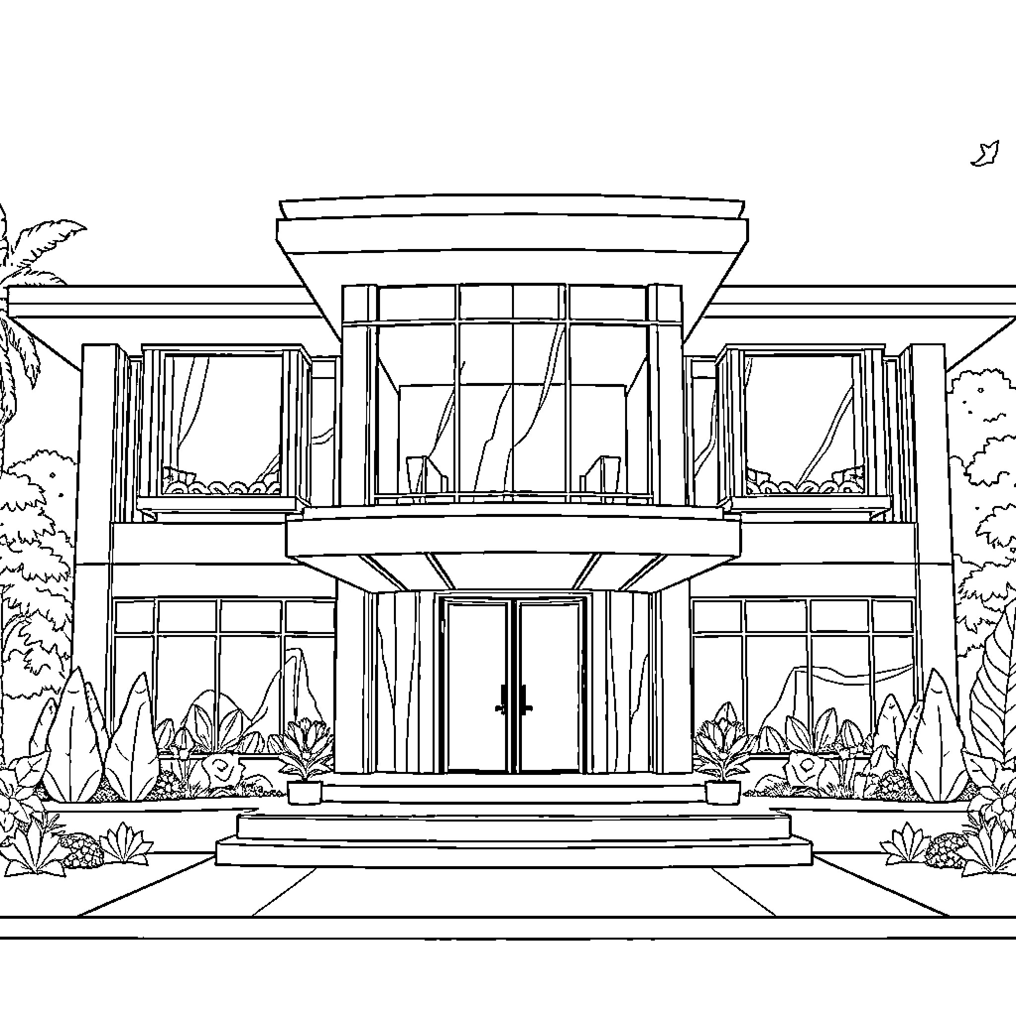 Mansion with an elegant entrance and lush landscaping Coloring Page (free black-and-white line drawing printable PDF for all, from beginners to advanced learners, including children, teens, adults, and seniors)
