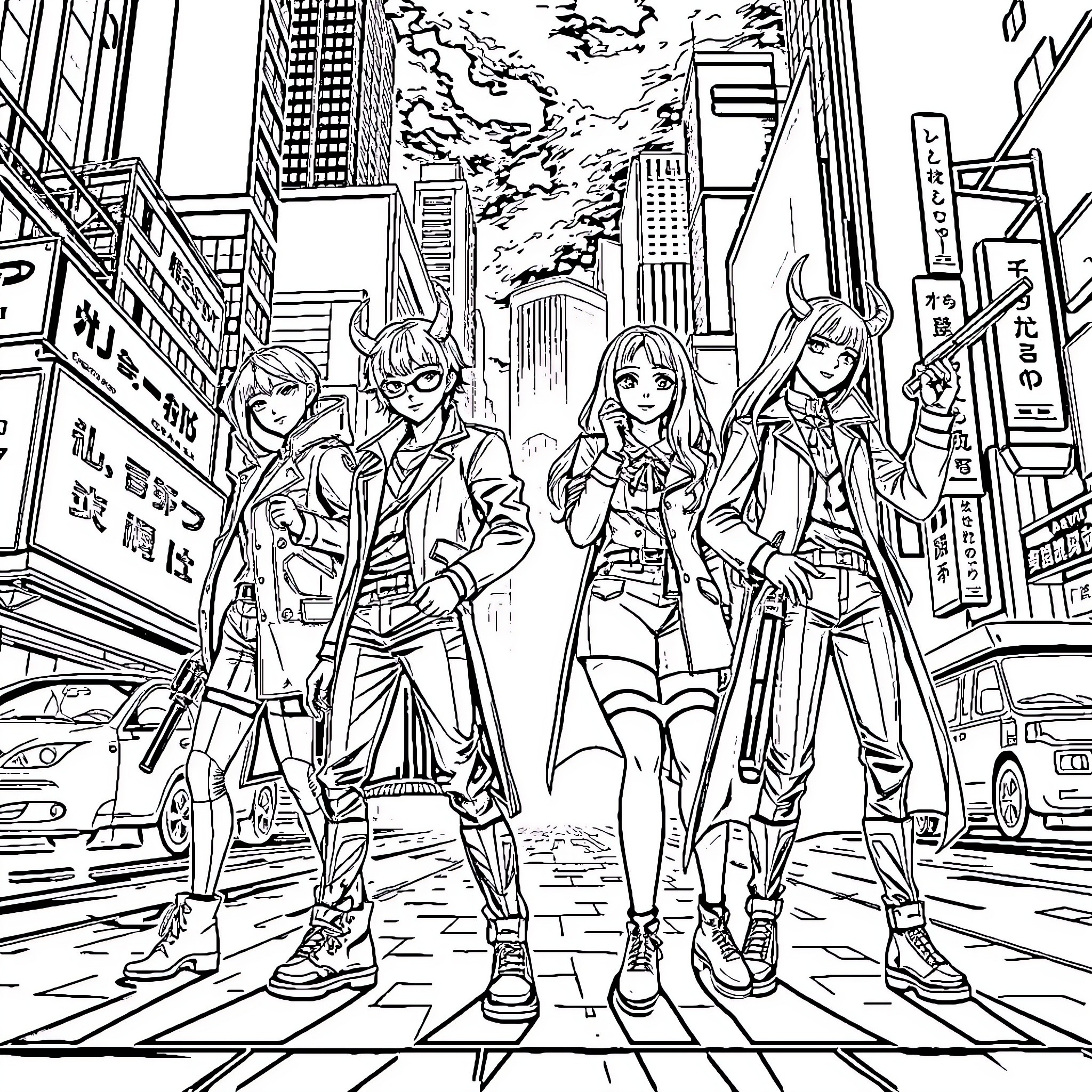 Kpop Demon Hunter: Stylish Heroes Battling in Vibrant City Coloring Page (free black-and-white line drawing printable PDF for all, from beginners to advanced learners, including children, teens, adults, and seniors)