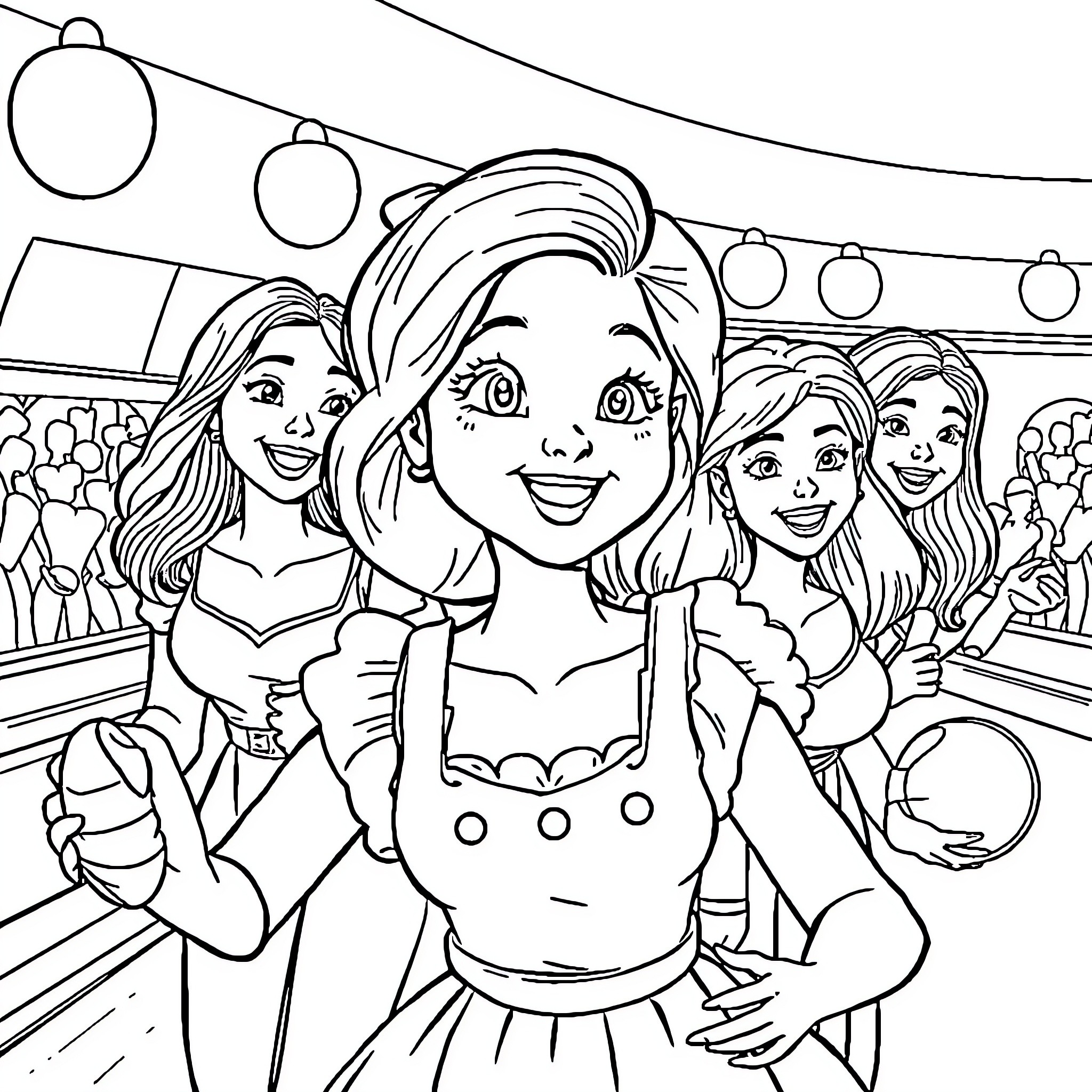 Maiden's Joyful Gathering with Friends Coloring Page (free black-and-white line drawing printable PDF for all, from beginners to advanced learners, including children, teens, adults, and seniors)