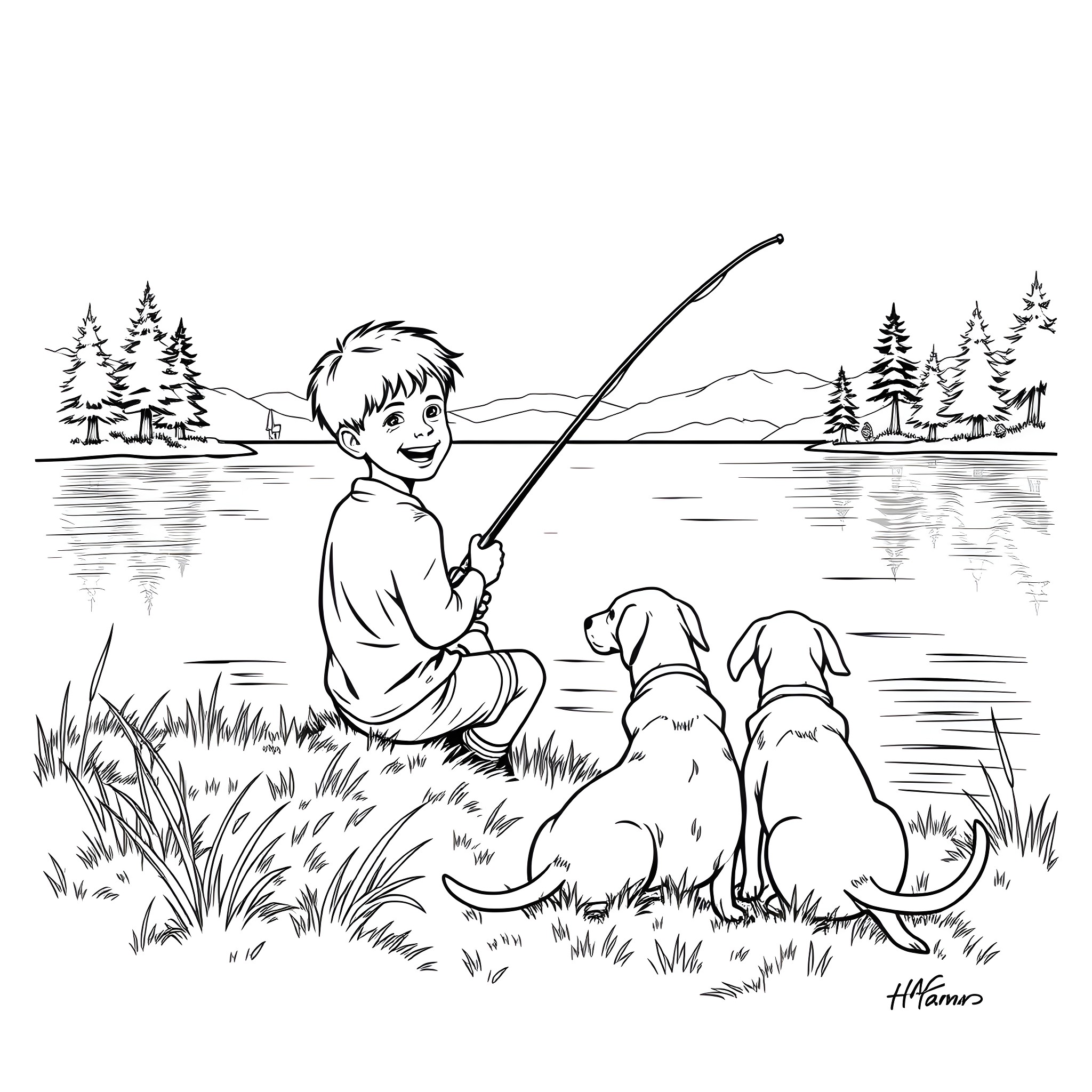 Boy fishing with his dogs by the lake Coloring Page (free black-and-white line drawing printable PDF for all, from beginners to advanced learners, including children, teens, adults, and seniors)