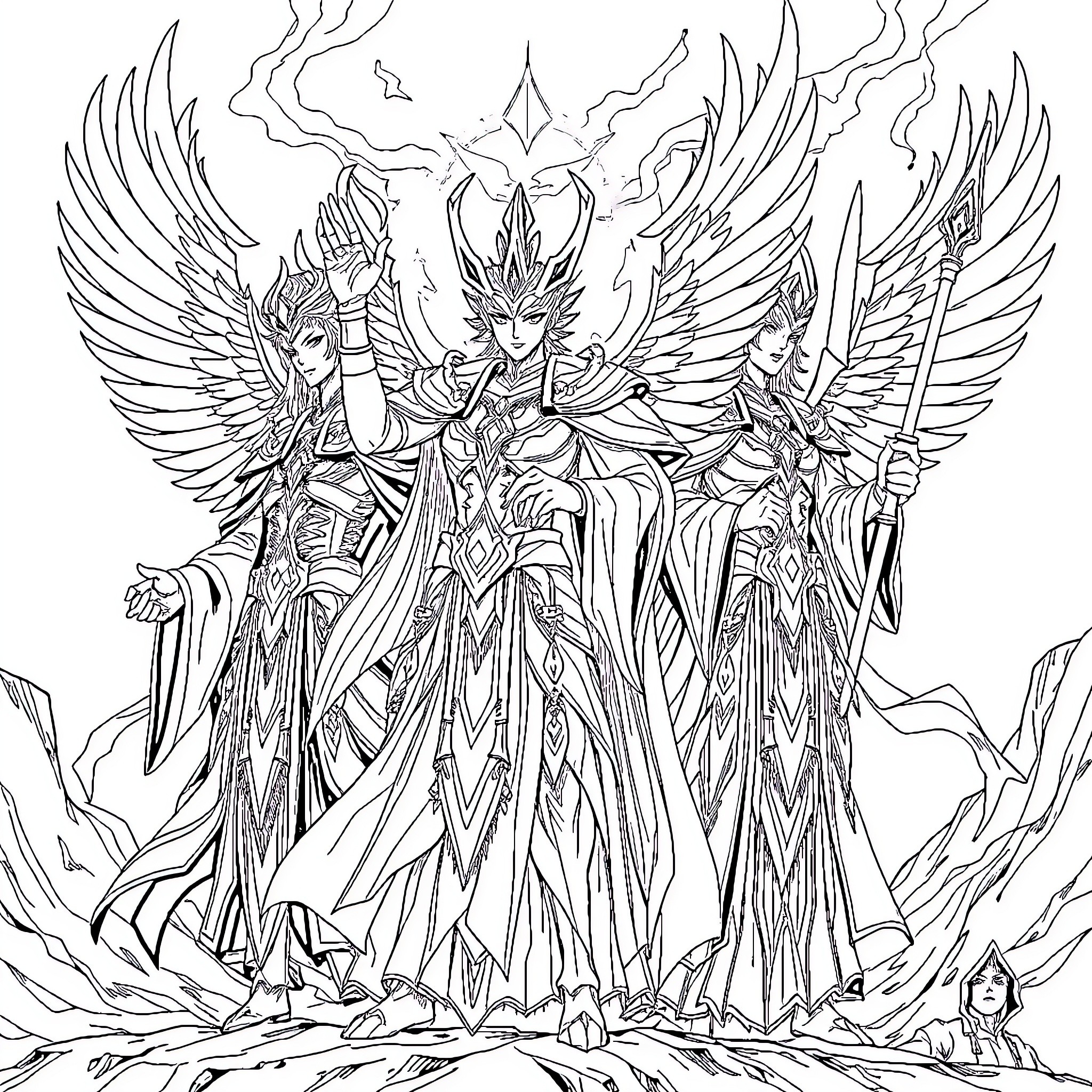 Archon Deities Wielding Celestial Weapons Coloring Page (free black-and-white line drawing printable PDF for all, from beginners to advanced learners, including children, teens, adults, and seniors)