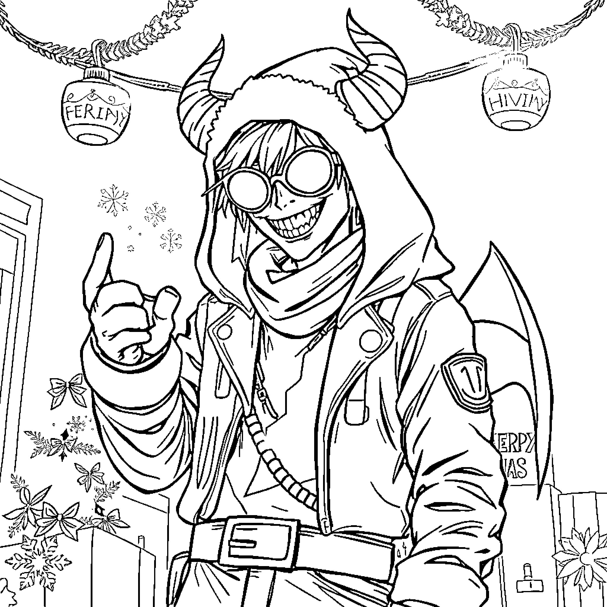 Demon Hunter in Snowy Woodland with Supernatural Accessories Coloring Page (free black-and-white line drawing printable PDF for all, from beginners to advanced learners, including children, teens, adults, and seniors)