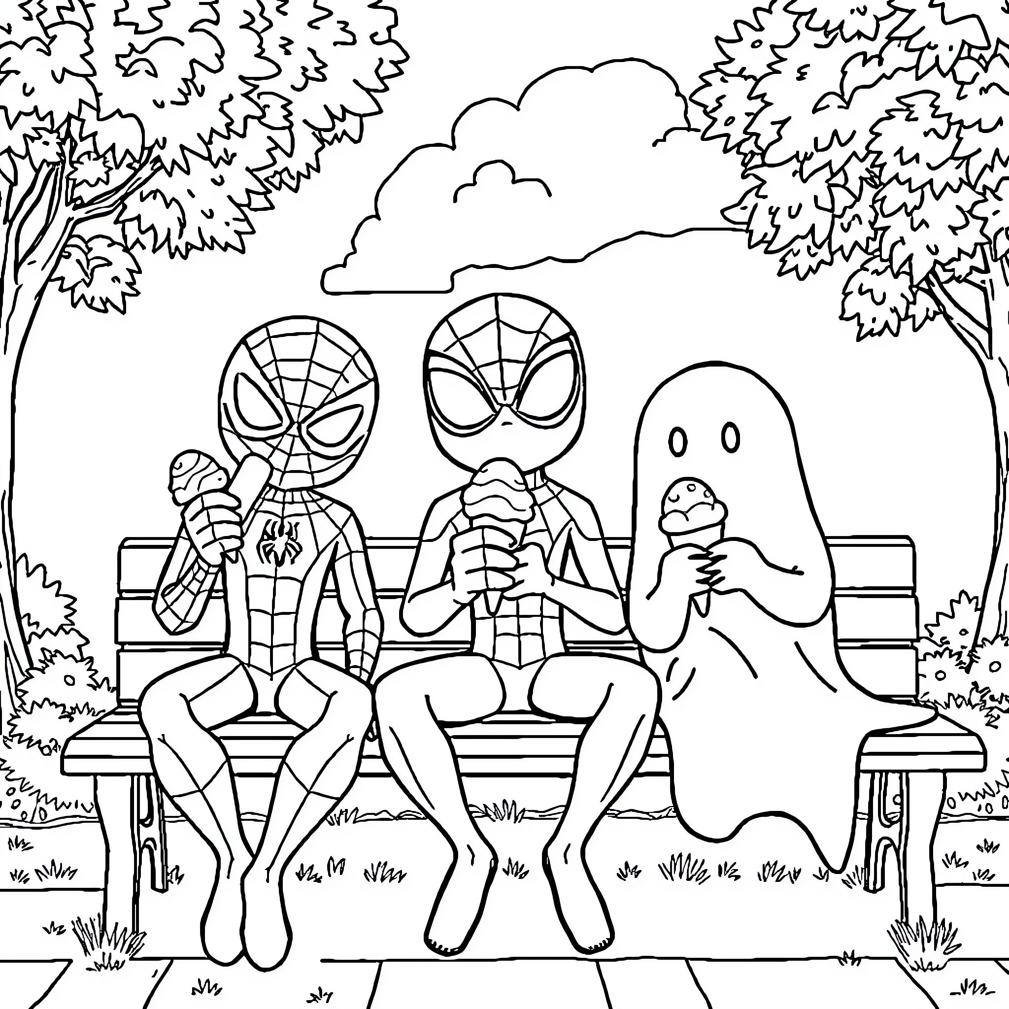 Spidey and friends enjoying a day outdoors Coloring Page (free black-and-white line drawing printable PDF for all, from beginners to advanced learners, including children, teens, adults, and seniors)