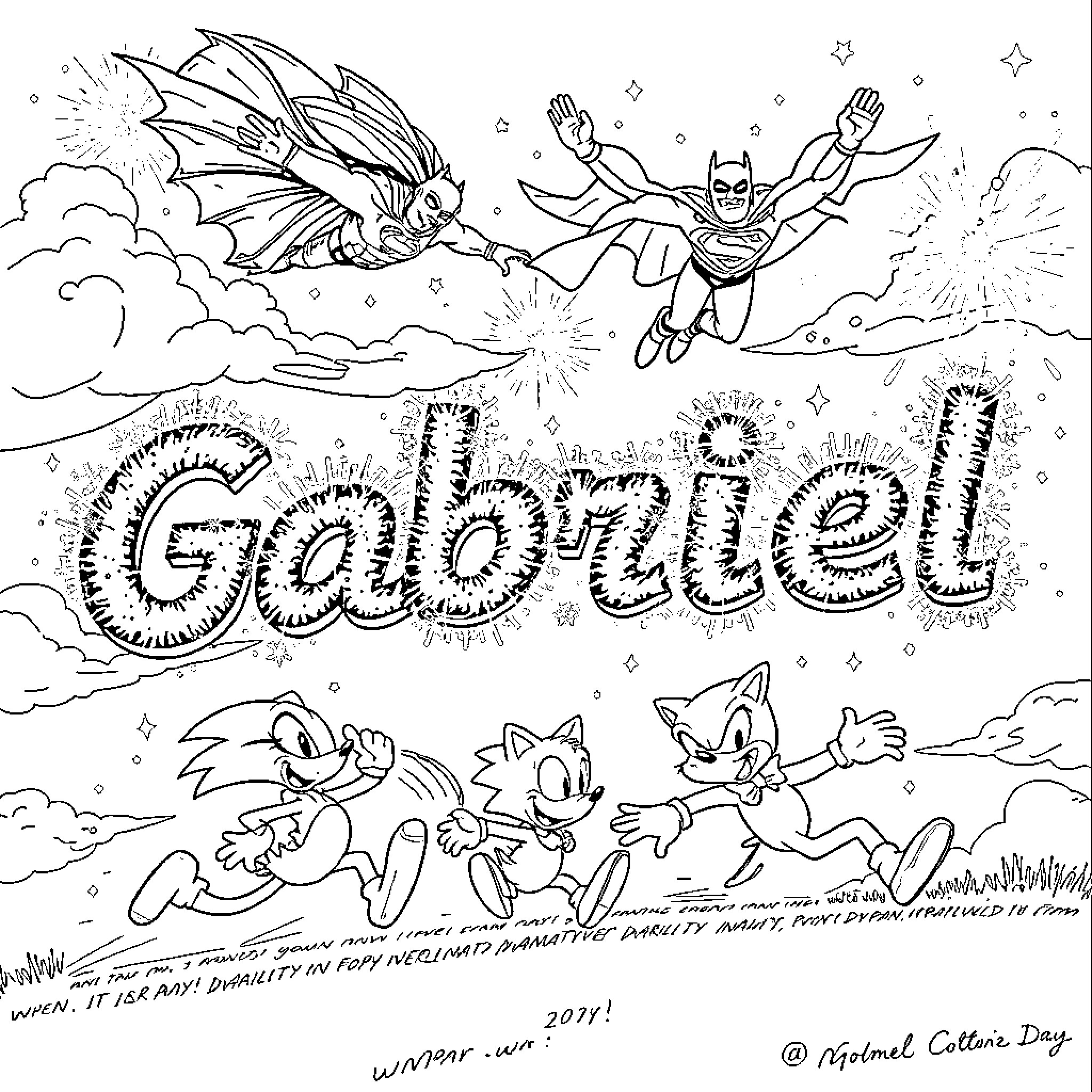 Firework display with superhero and cartoon characters Coloring Page (free black-and-white line drawing printable PDF for all, from beginners to advanced learners, including children, teens, adults, and seniors)