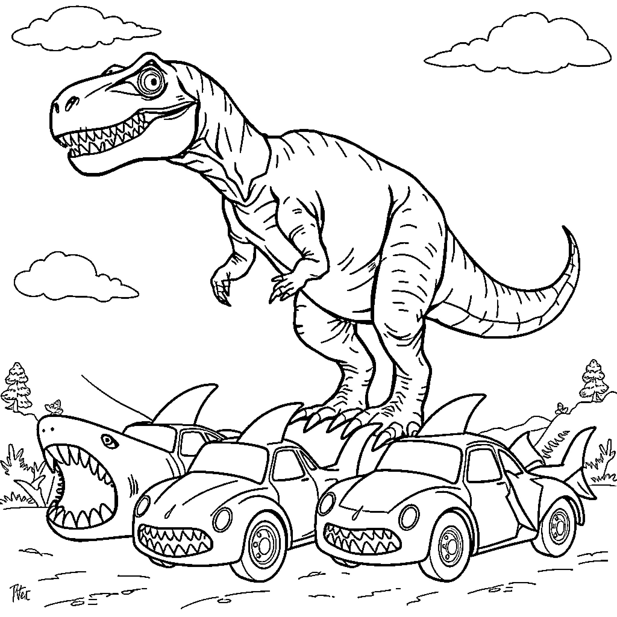 T-Rex stomping on toy cars in the wild Coloring Page (free black-and-white line drawing printable PDF for all, from beginners to advanced learners, including children, teens, adults, and seniors)