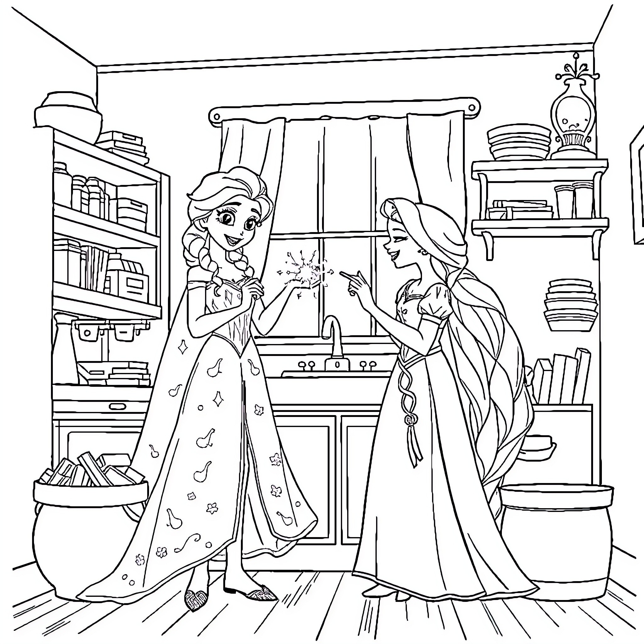 Elsa and Rapunzel engage in friendly conversation Coloring Page (free black-and-white line drawing printable PDF for all, from beginners to advanced learners, including children, teens, adults, and seniors)