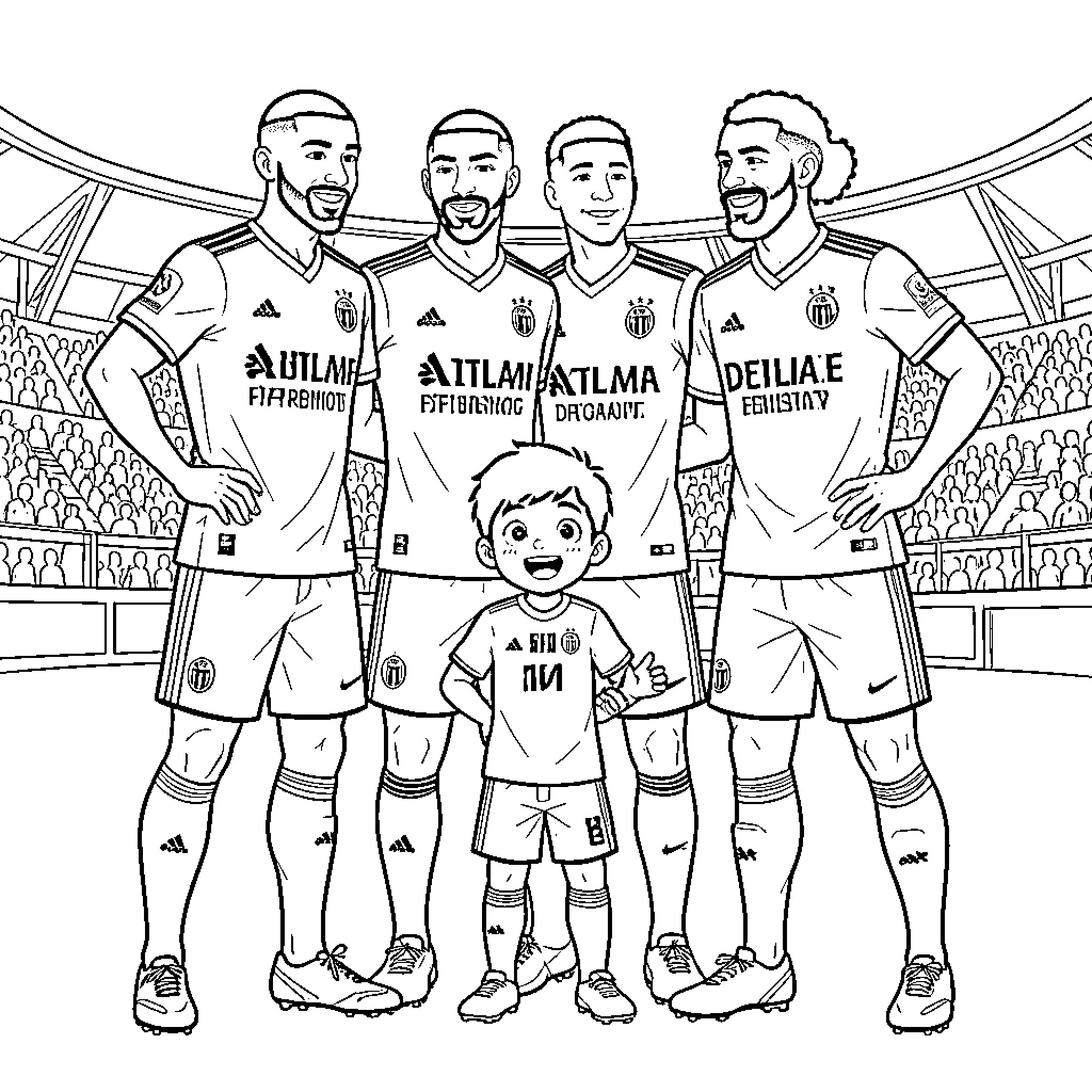 Soccer players standing together with a young boy Coloring Page (free black-and-white line drawing printable PDF for all, from beginners to advanced learners, including children, teens, adults, and seniors)