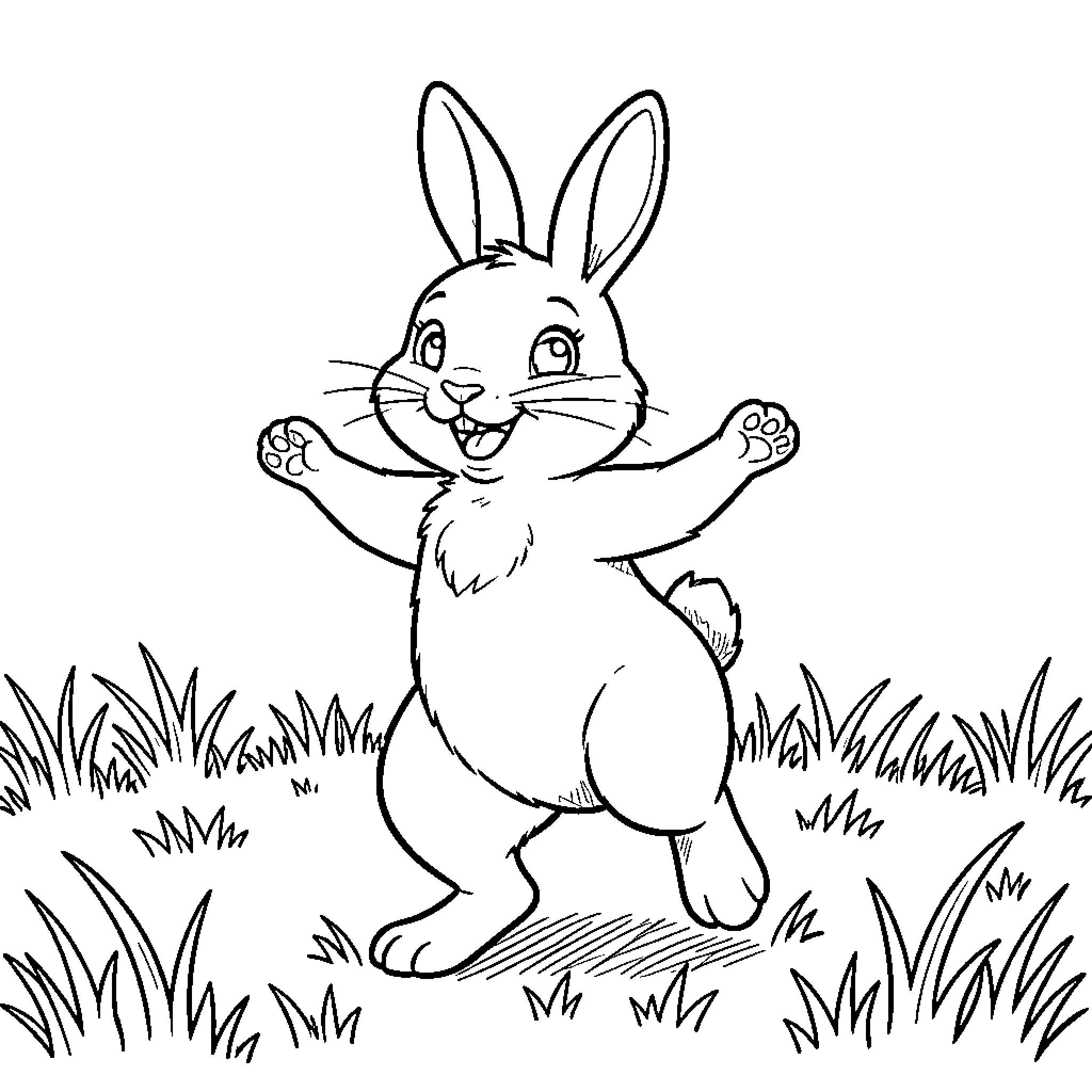 Rabbit dancing joyfully in a grassy field Coloring Page (free black-and-white line drawing printable PDF for all, from beginners to advanced learners, including children, teens, adults, and seniors)