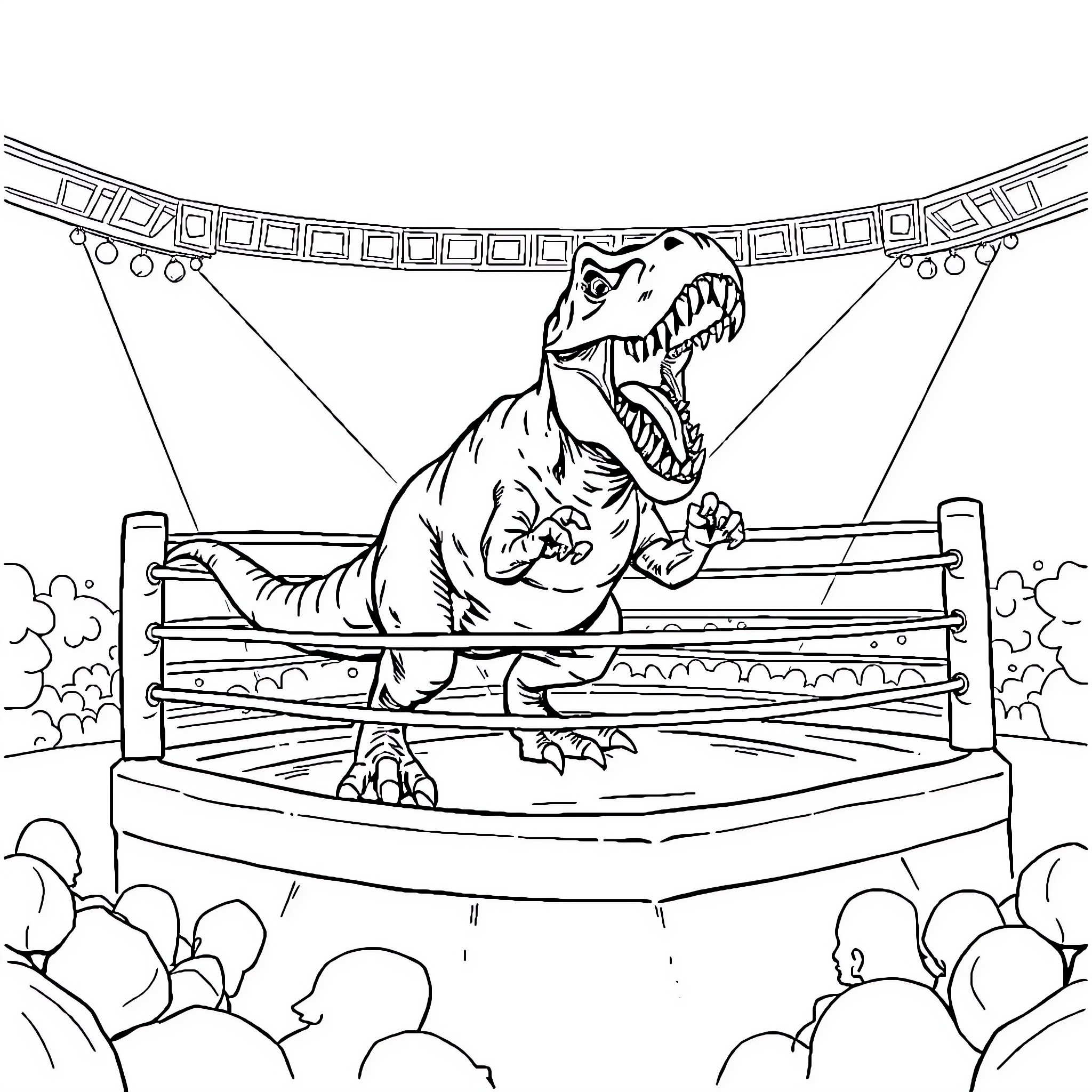 Dinosaur Performer Roaring on Stage Coloring Page (free black-and-white line drawing printable PDF for all, from beginners to advanced learners, including children, teens, adults, and seniors)