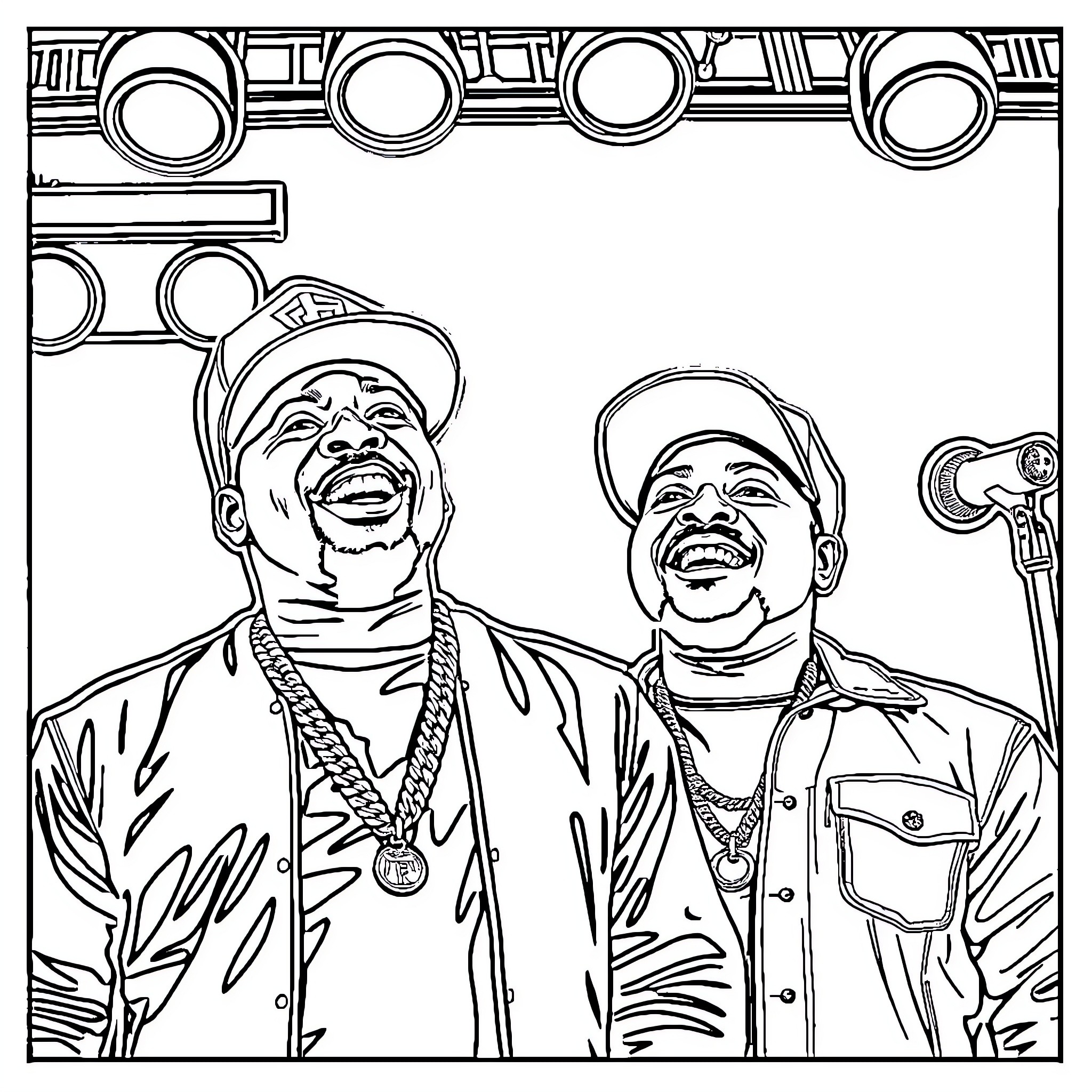 50 Cent rappers smiling and posing confidently Coloring Page (free black-and-white line drawing printable PDF for all, from beginners to advanced learners, including children, teens, adults, and seniors)