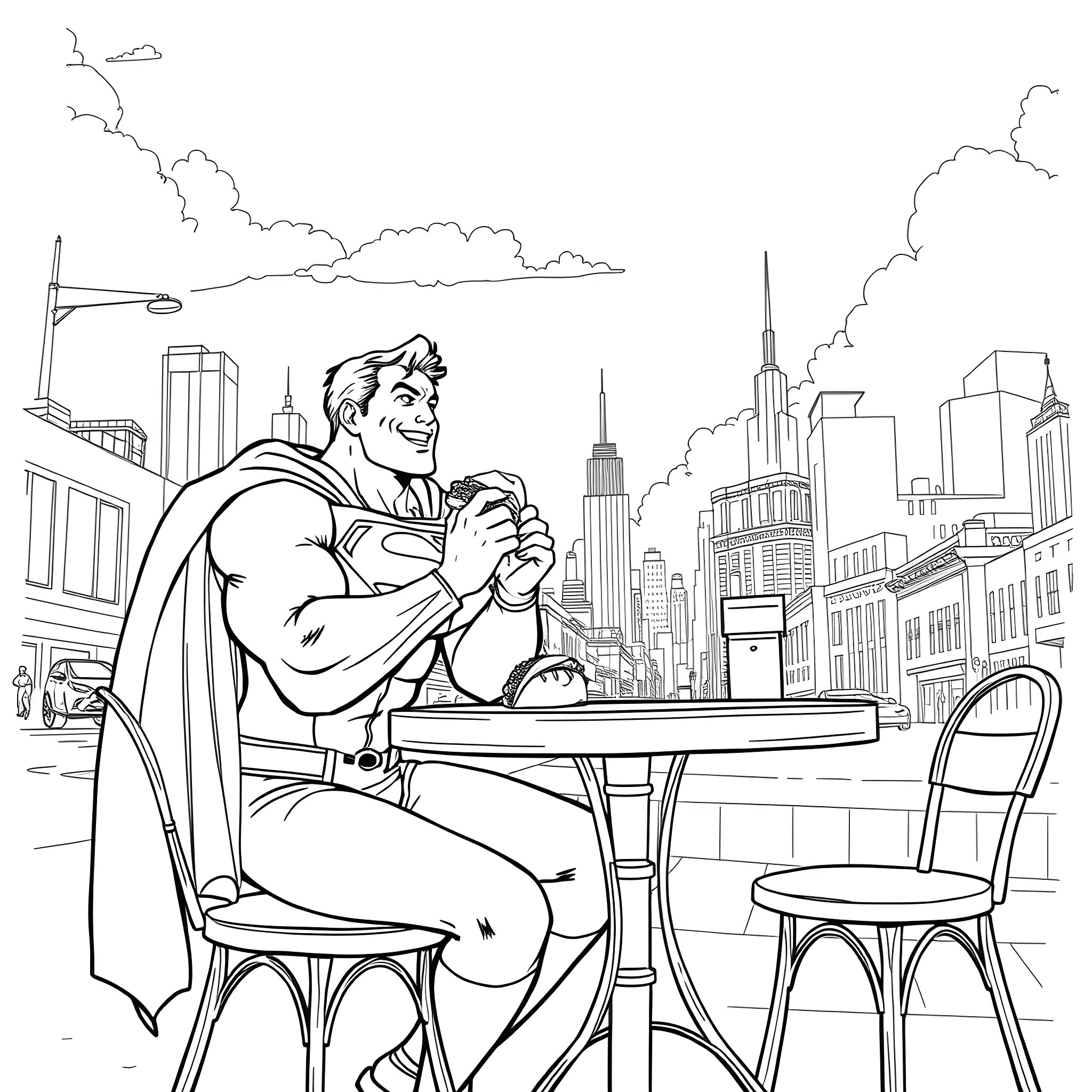 Superman relaxing in the city cafe Coloring Page (free black-and-white line drawing printable PDF for all, from beginners to advanced learners, including children, teens, adults, and seniors)
