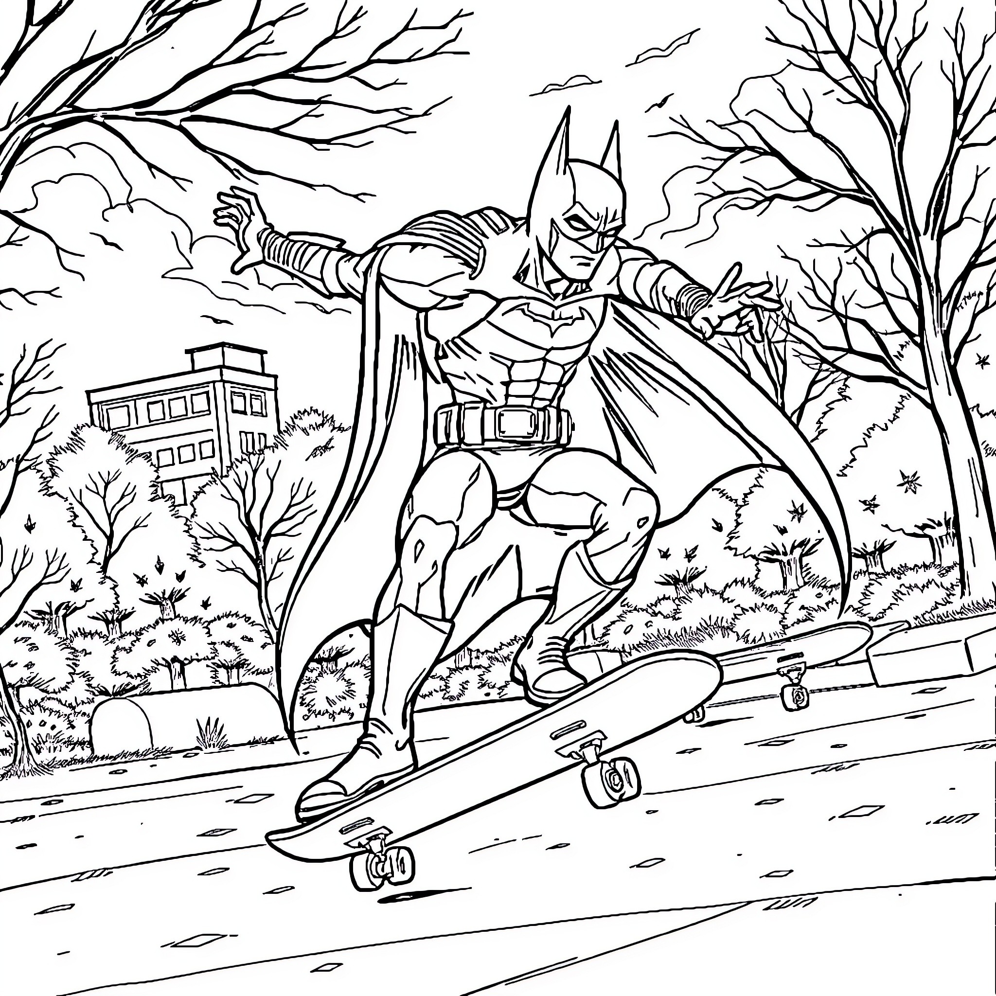 Batman on a Skateboard in the Park Coloring Page (free black-and-white line drawing printable PDF for all, from beginners to advanced learners, including children, teens, adults, and seniors)