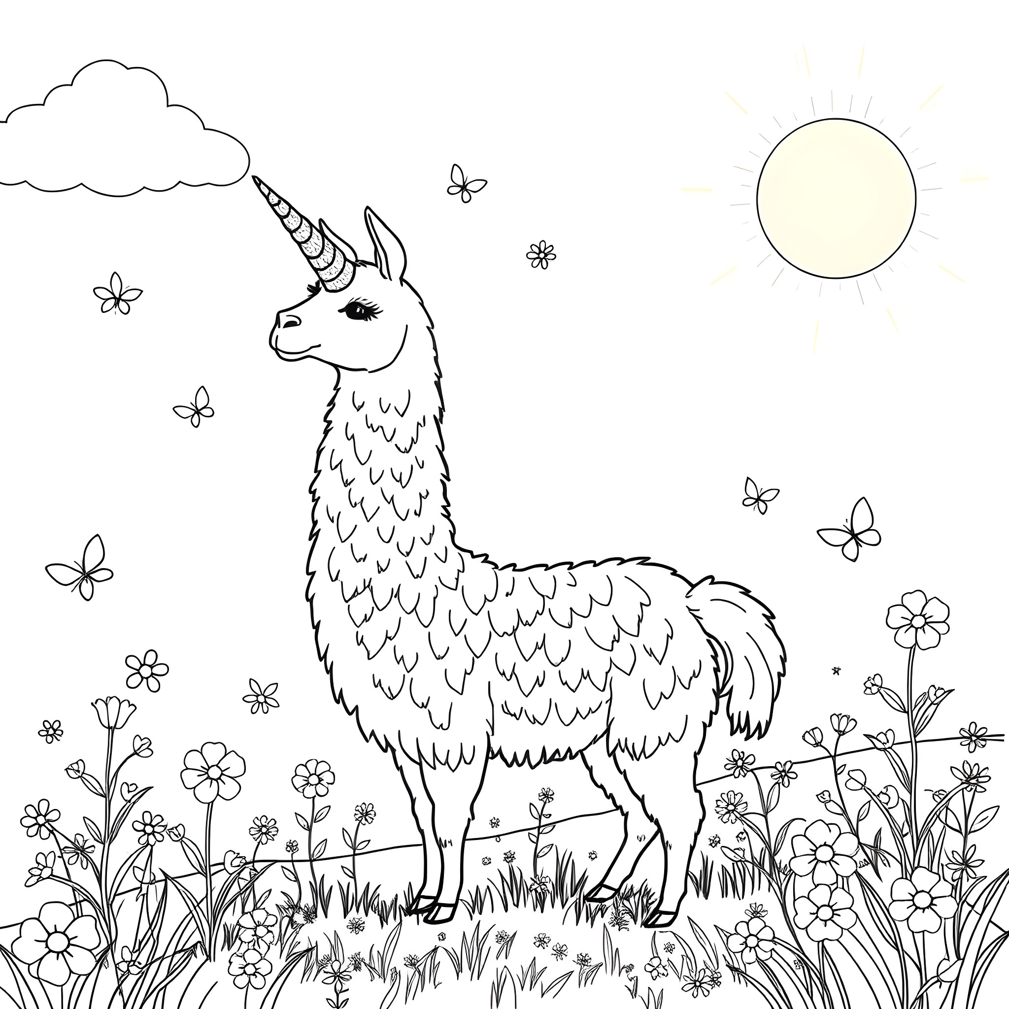 Llama frolicking in a flowery meadow Coloring Page (free black-and-white line drawing printable PDF for all, from beginners to advanced learners, including children, teens, adults, and seniors)