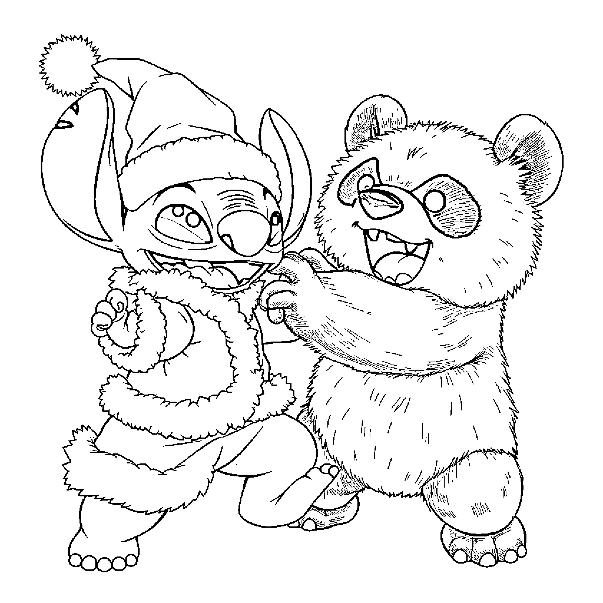 Stitch and Scrump playing together in winter attire Coloring Page (free black-and-white line drawing printable PDF for all, from beginners to advanced learners, including children, teens, adults, and seniors)