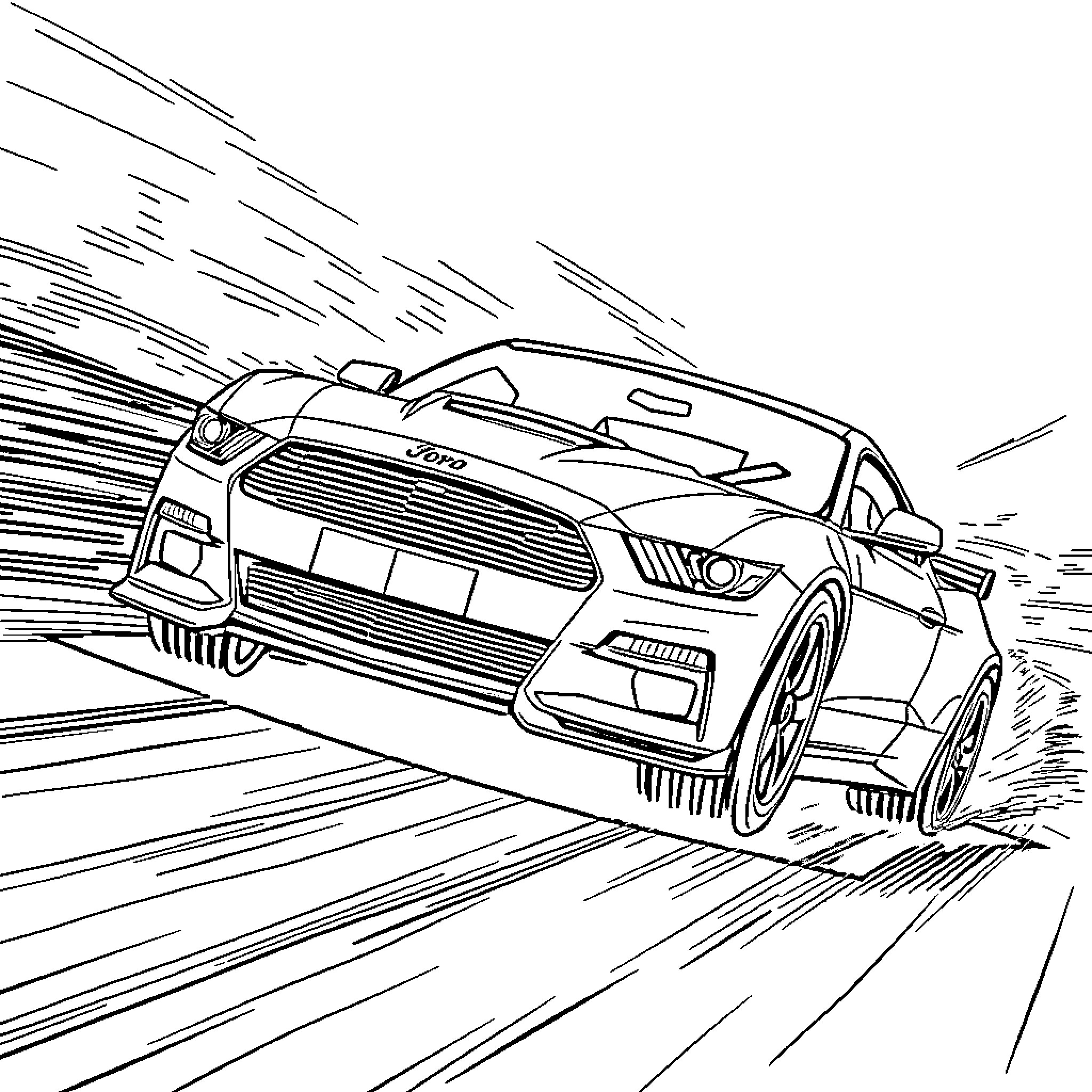Ford racing car speeding on the road Coloring Page (free black-and-white line drawing printable PDF for all, from beginners to advanced learners, including children, teens, adults, and seniors)
