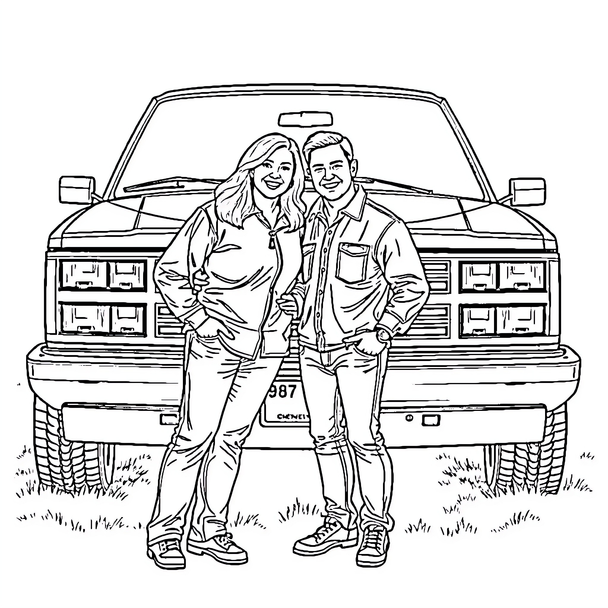 Couple posing in front of a pickup truck Coloring Page (free black-and-white line drawing printable PDF for all, from beginners to advanced learners, including children, teens, adults, and seniors)
