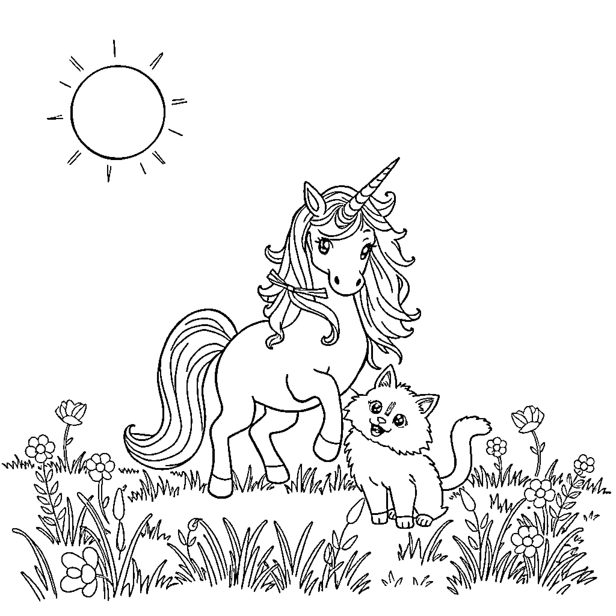 Unicorn and Kitten Exploring Enchanting Nature Coloring Page (free black-and-white line drawing printable PDF for all, from beginners to advanced learners, including children, teens, adults, and seniors)