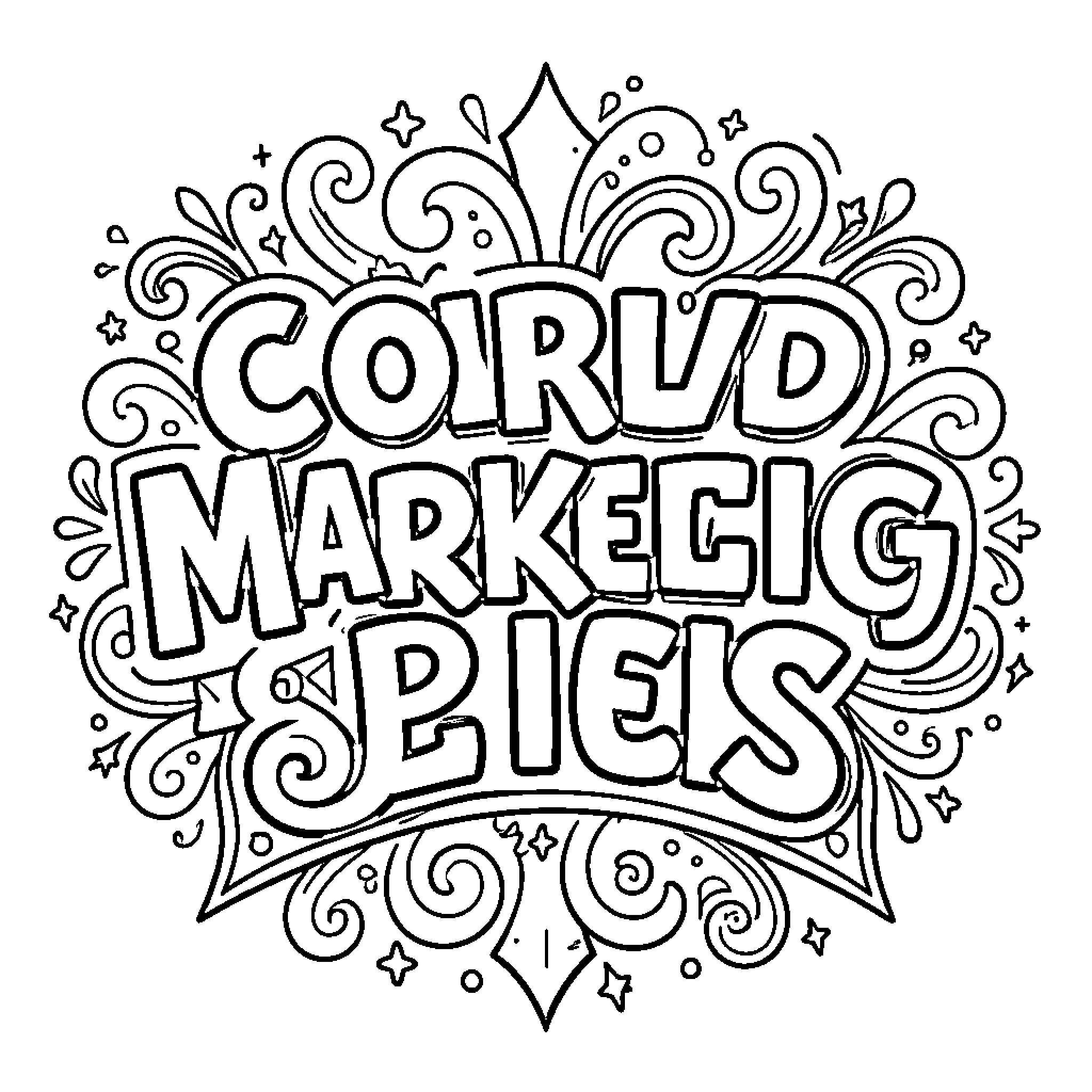 Marketing Logo with Whimsical Decorative Elements Coloring Page (free black-and-white line drawing printable PDF for all, from beginners to advanced learners, including children, teens, adults, and seniors)