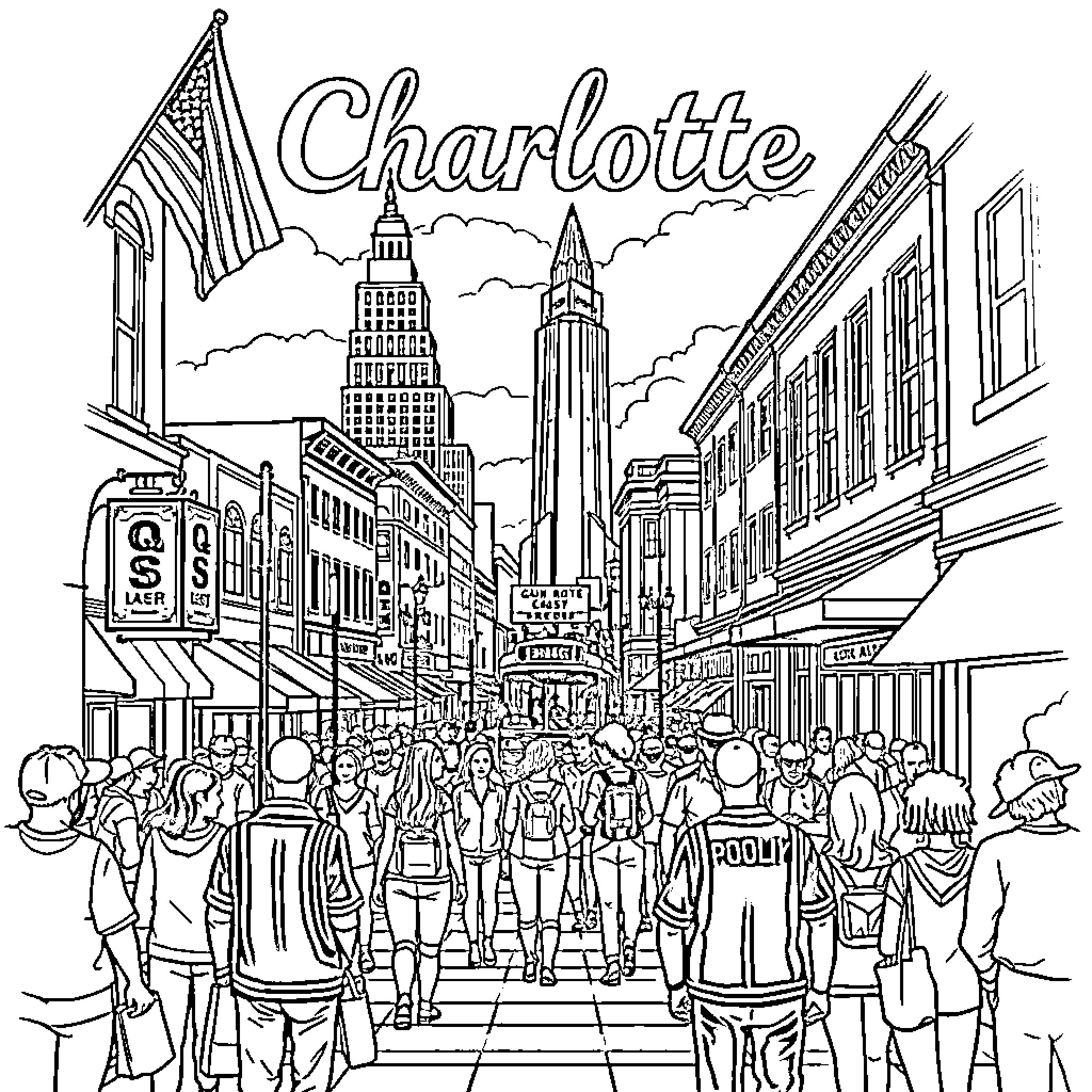 Charlotte, a busy city scene with crowds and buildings Coloring Page (free black-and-white line drawing printable PDF for all, from beginners to advanced learners, including children, teens, adults, and seniors)