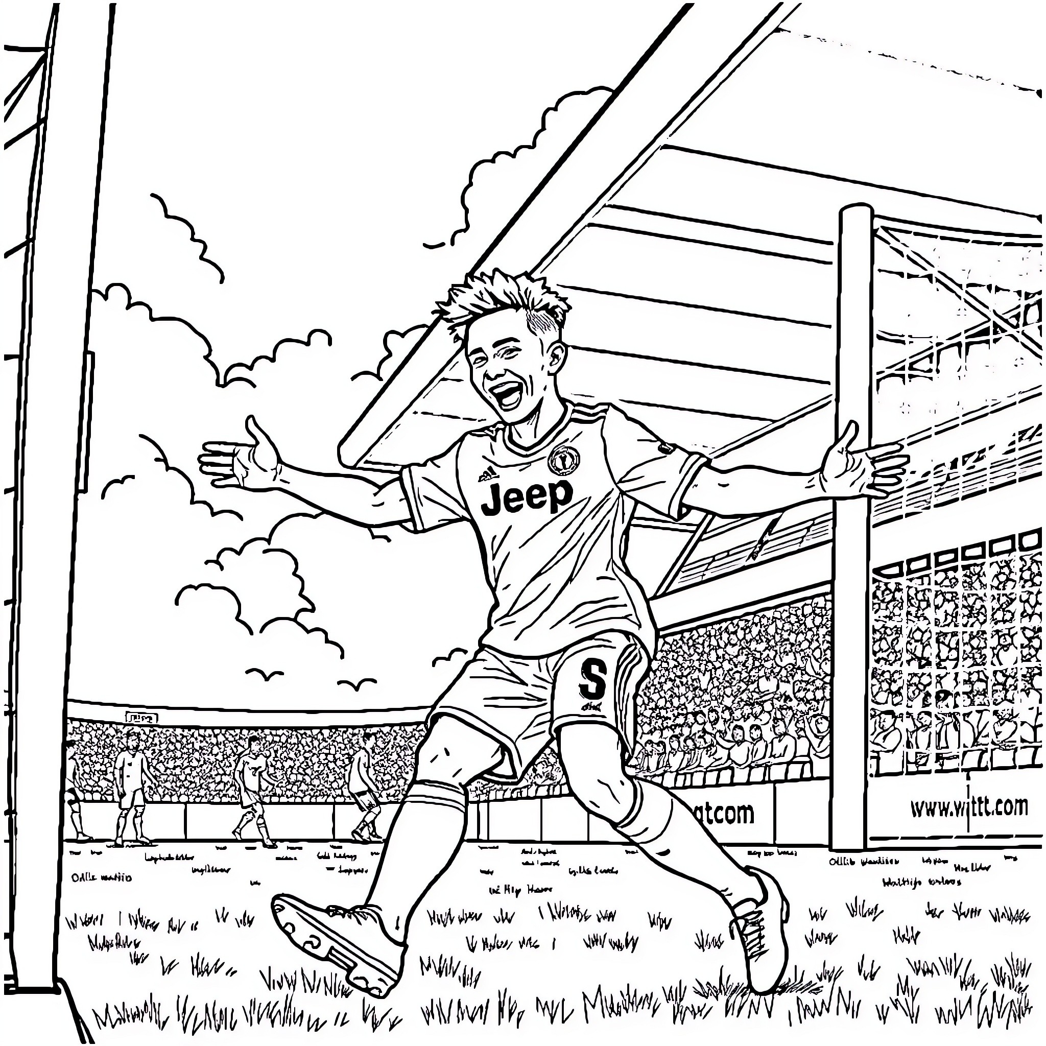 Ollie Watkins celebrating a goal at the stadium Coloring Page (free black-and-white line drawing printable PDF for all, from beginners to advanced learners, including children, teens, adults, and seniors)