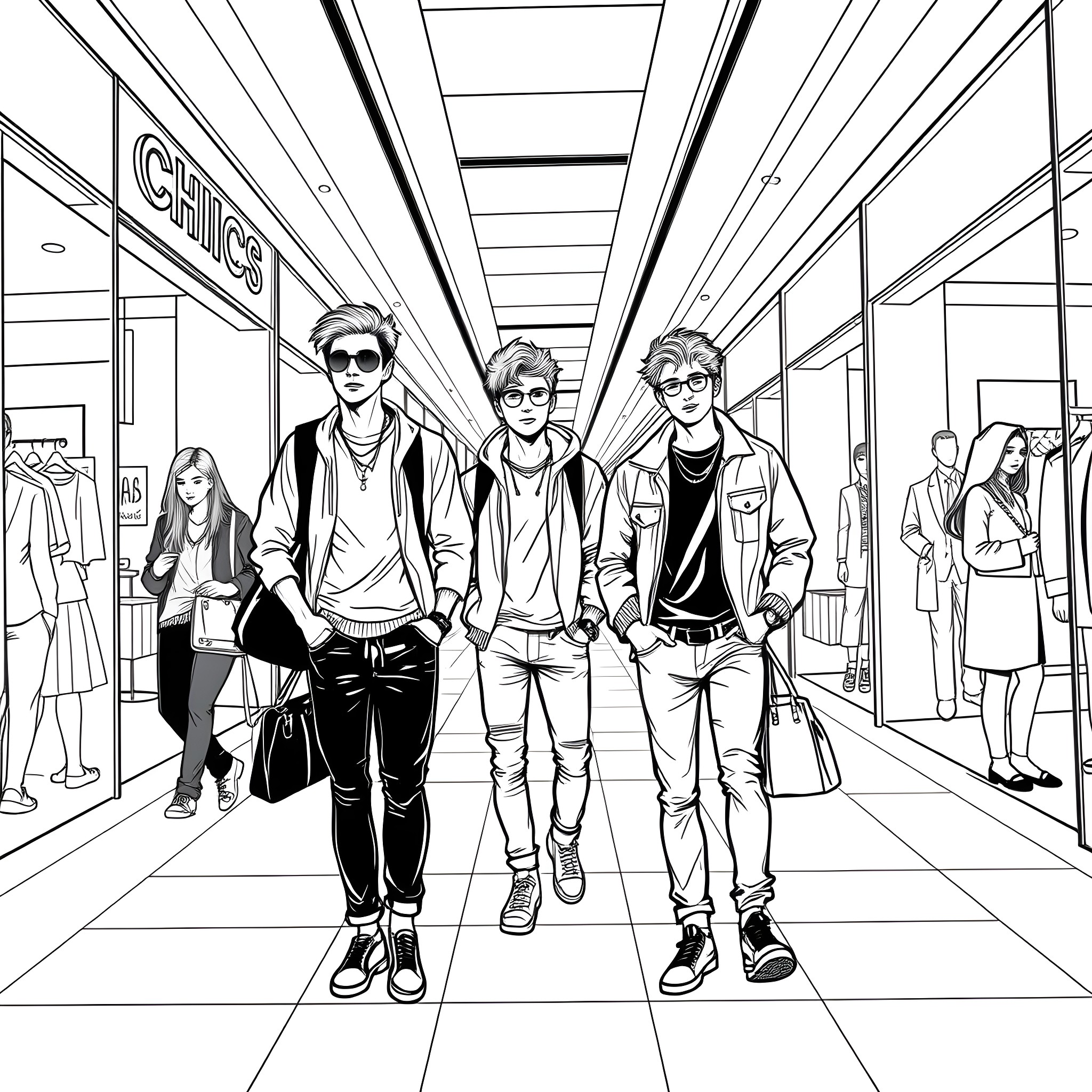 Teen Guys Walking through Mall with Confident Expressions Coloring Page (free black-and-white line drawing printable PDF for all, from beginners to advanced learners, including children, teens, adults, and seniors)
