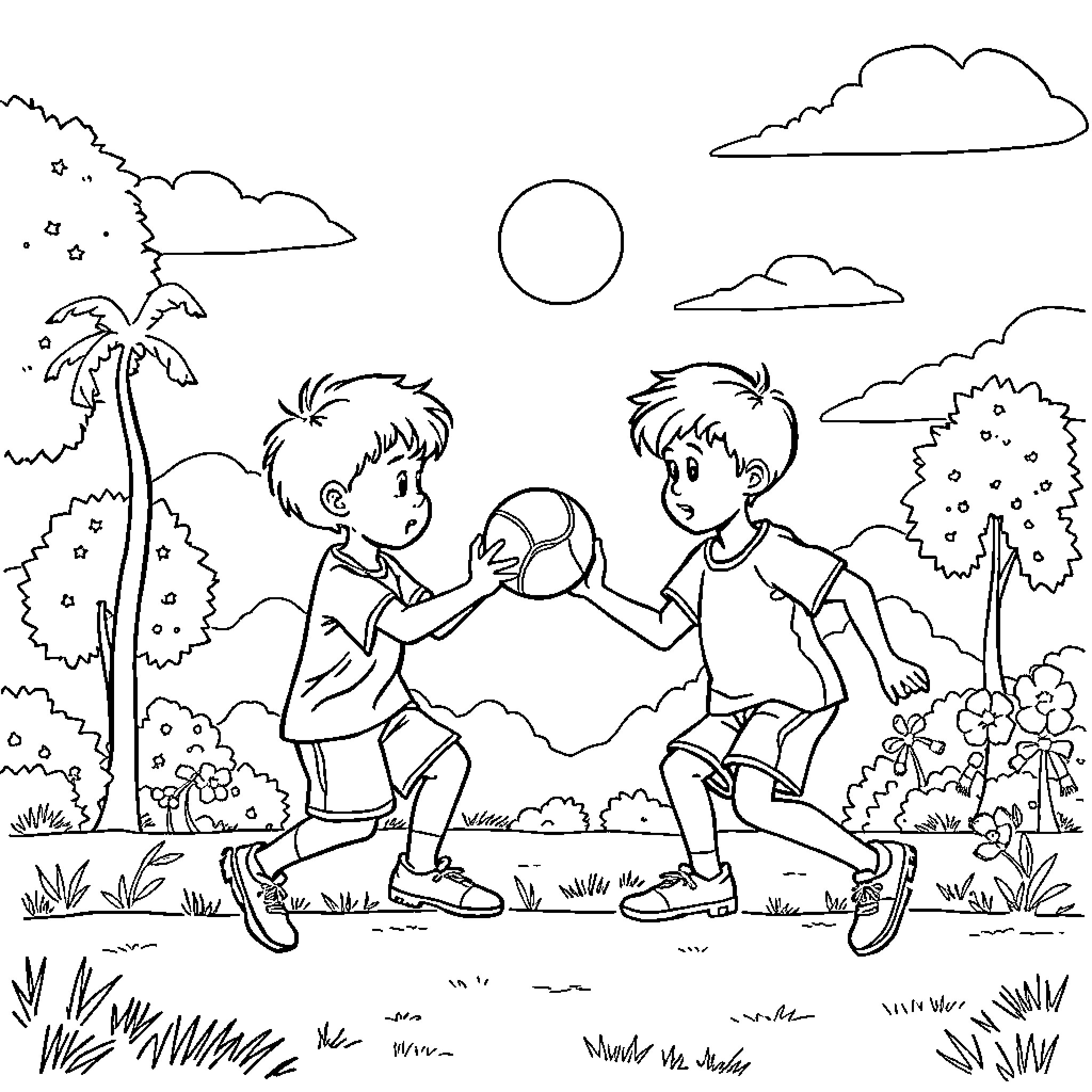 Niños playing joyfully in the park Coloring Page (free black-and-white line drawing printable PDF for all, from beginners to advanced learners, including children, teens, adults, and seniors)