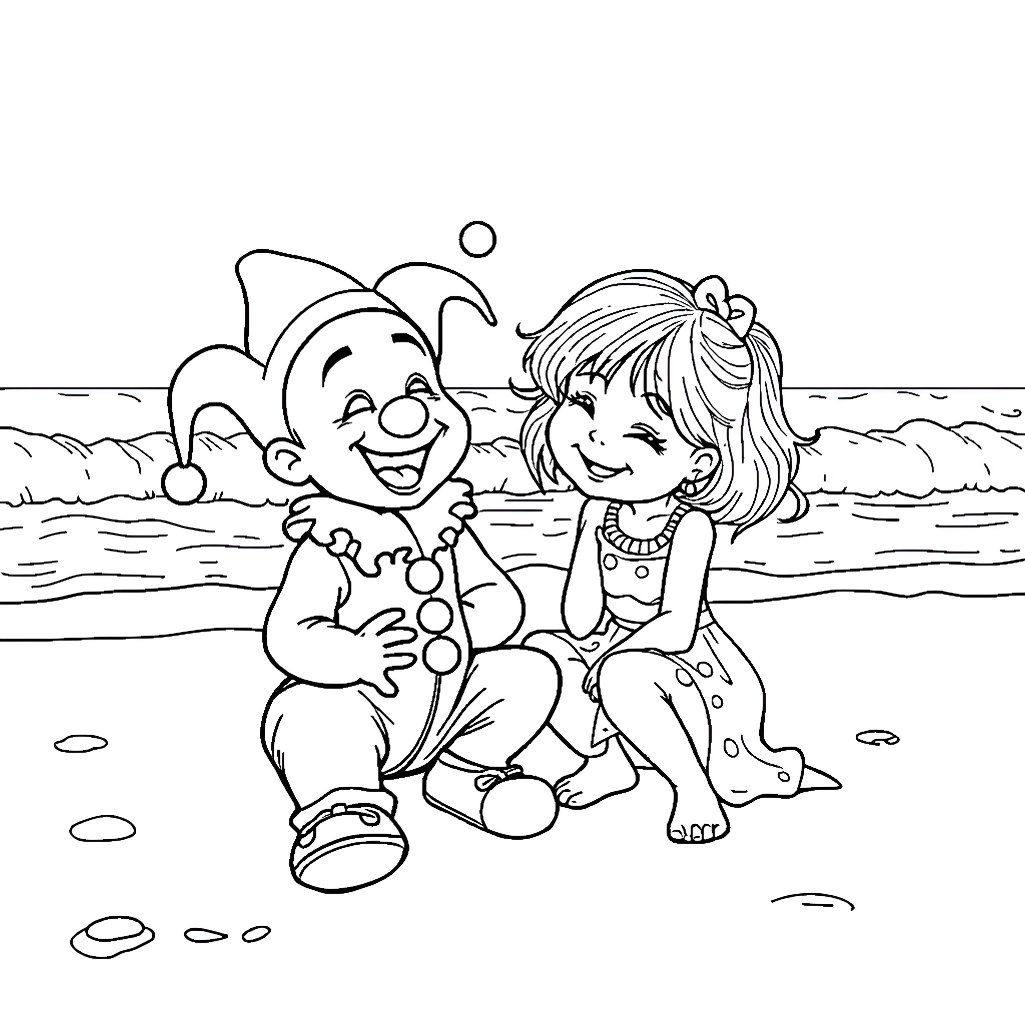 Baby clown and girl playing on the beach Coloring Page (free black-and-white line drawing printable PDF for all, from beginners to advanced learners, including children, teens, adults, and seniors)