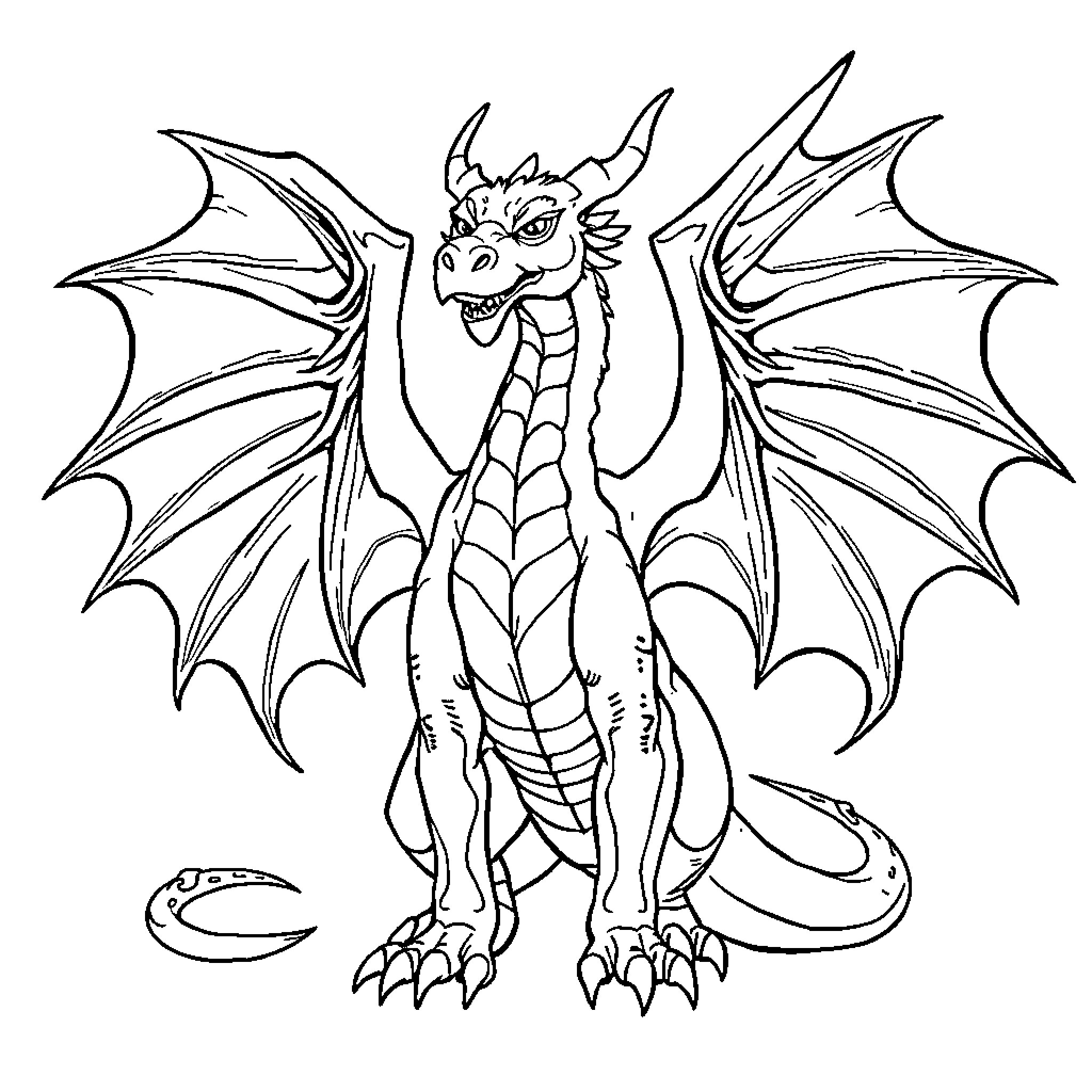 Dragon standing with outstretched wings Coloring Page (free black-and-white line drawing printable PDF for all, from beginners to advanced learners, including children, teens, adults, and seniors)