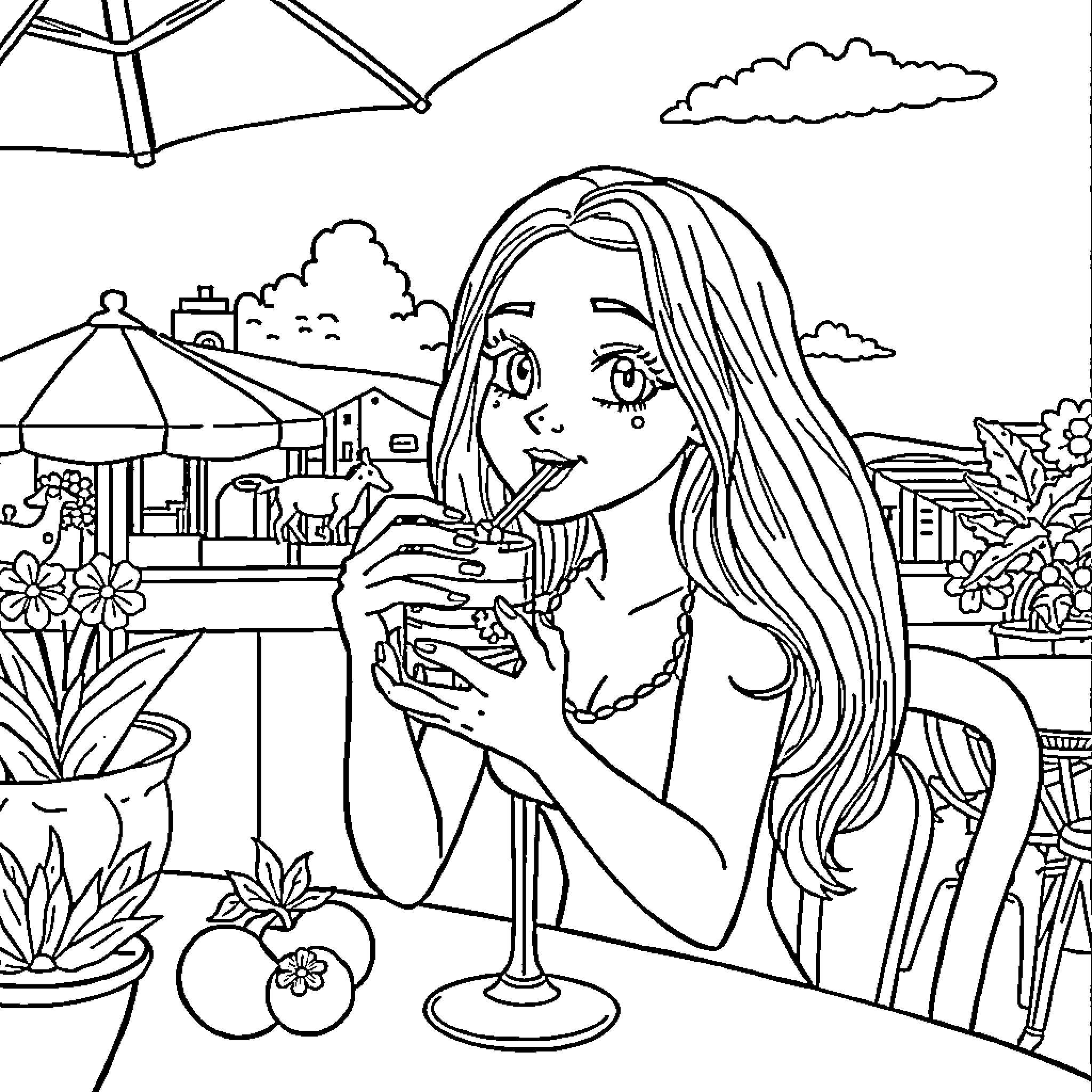 Bella enjoying a refreshing drink outdoors Coloring Page (free black-and-white line drawing printable PDF for all, from beginners to advanced learners, including children, teens, adults, and seniors)