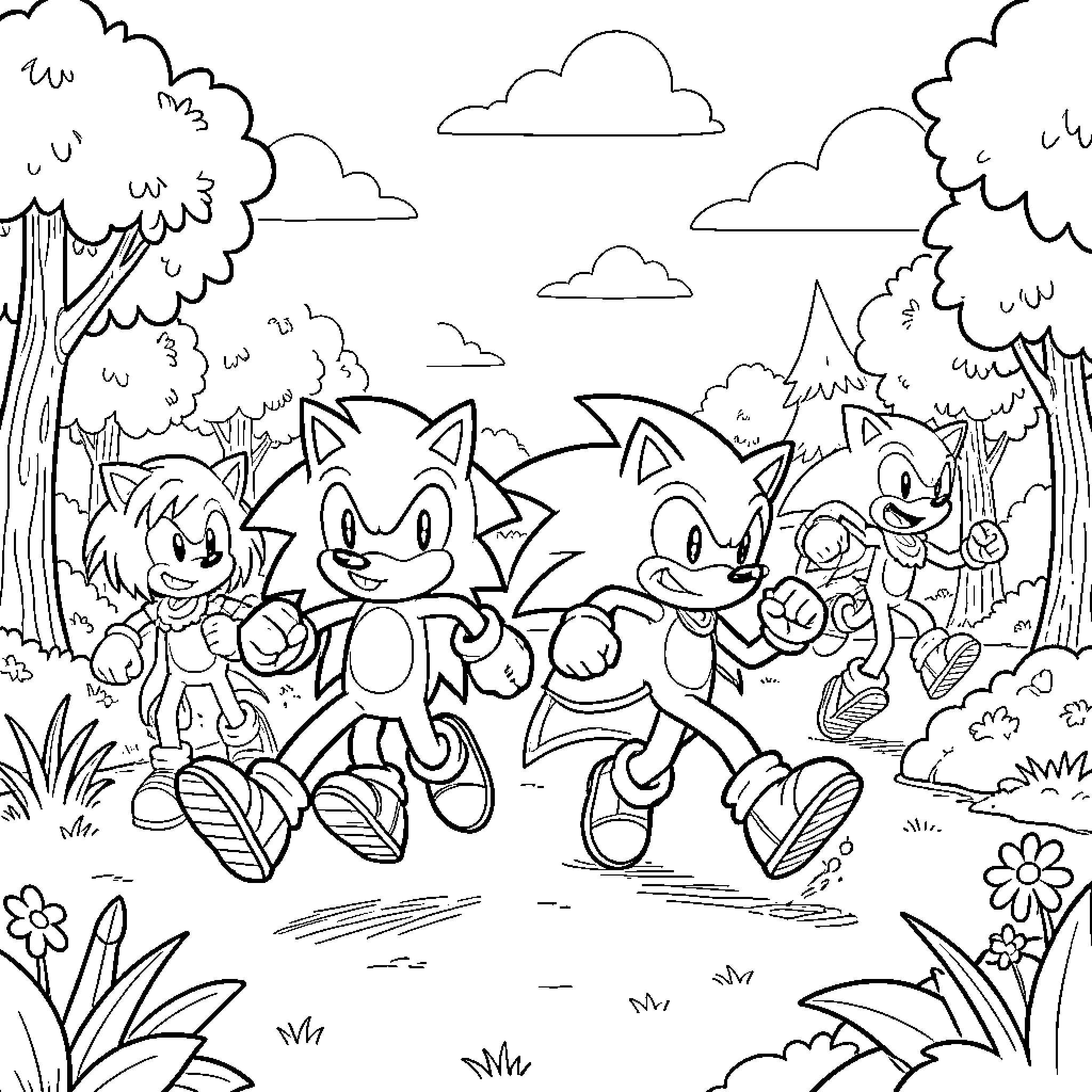 Sonic and friends running joyfully through a forest Coloring Page (free black-and-white line drawing printable PDF for all, from beginners to advanced learners, including children, teens, adults, and seniors)