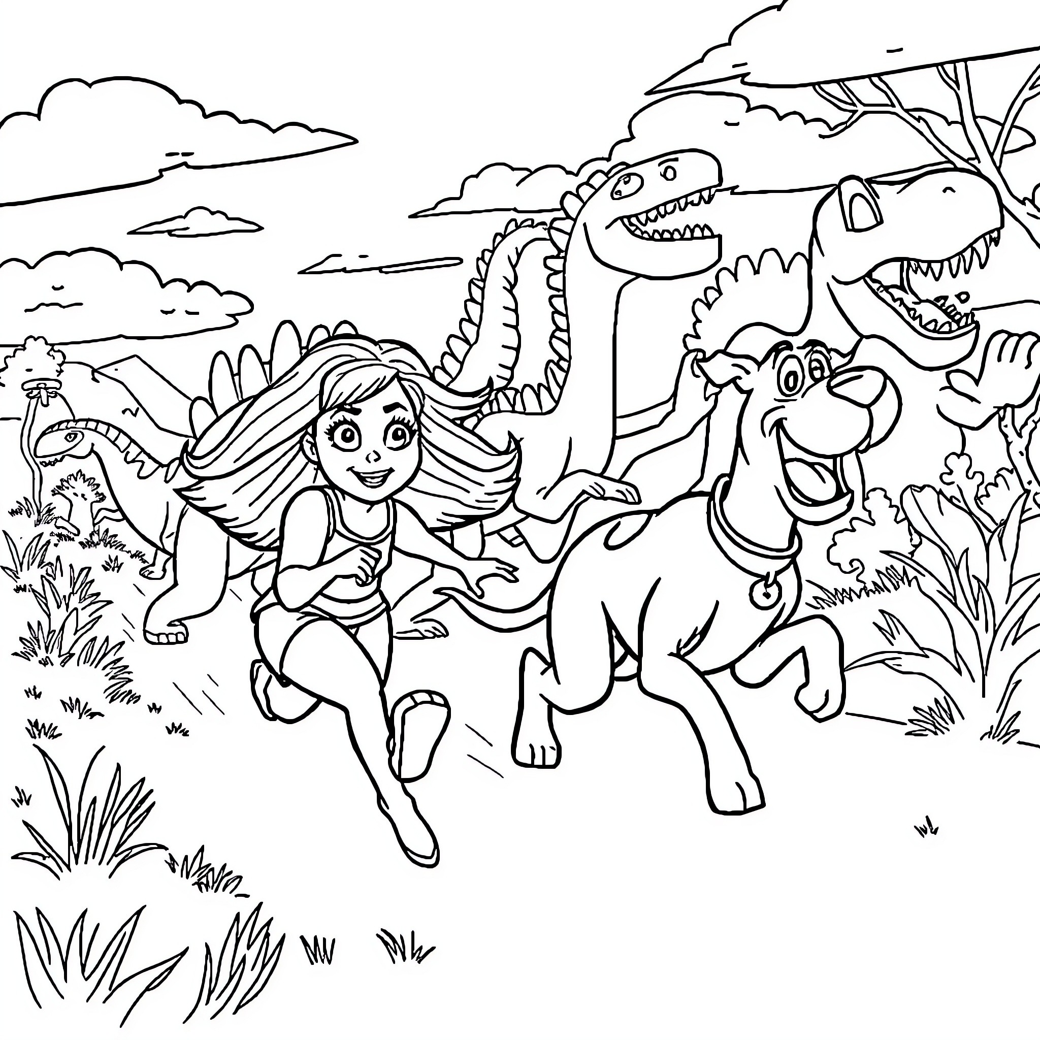 Kim Possible exploring the prehistoric world with friends Coloring Page (free black-and-white line drawing printable PDF for all, from beginners to advanced learners, including children, teens, adults, and seniors)