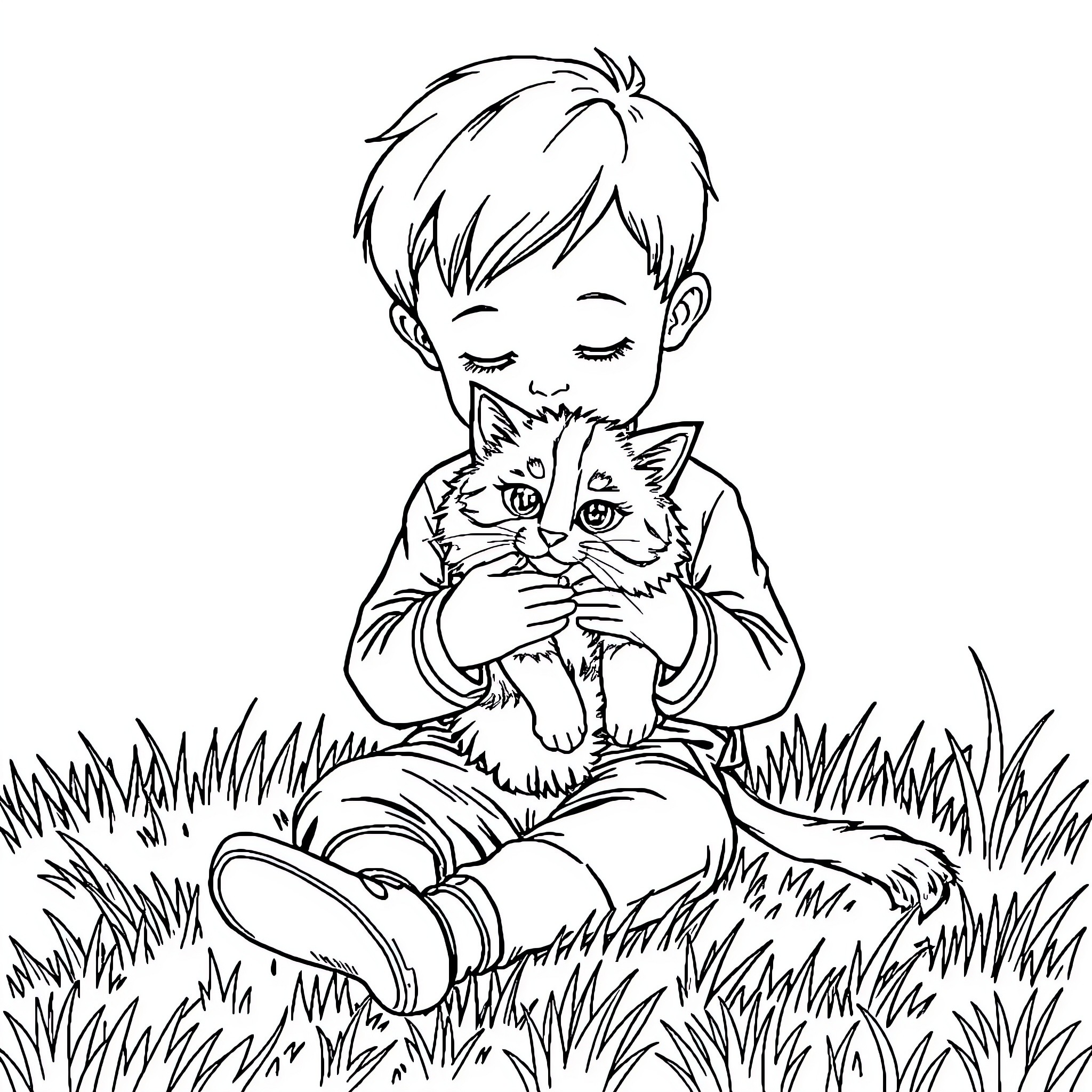 Boy playing with pet cat in grassy field Coloring Page (free black-and-white line drawing printable PDF for all, from beginners to advanced learners, including children, teens, adults, and seniors)