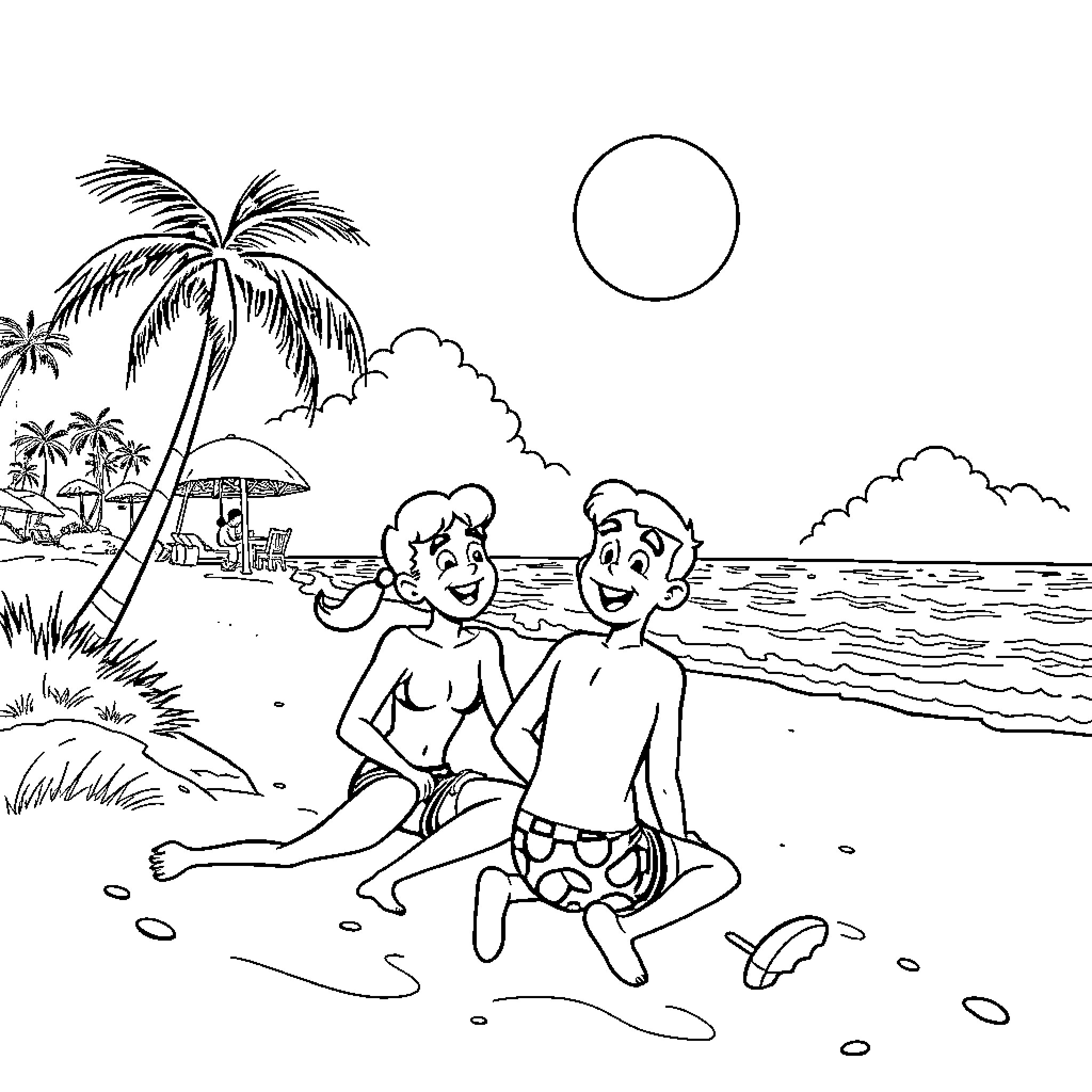 Archie and friend at the beach Coloring Page (free black-and-white line drawing printable PDF for all, from beginners to advanced learners, including children, teens, adults, and seniors)