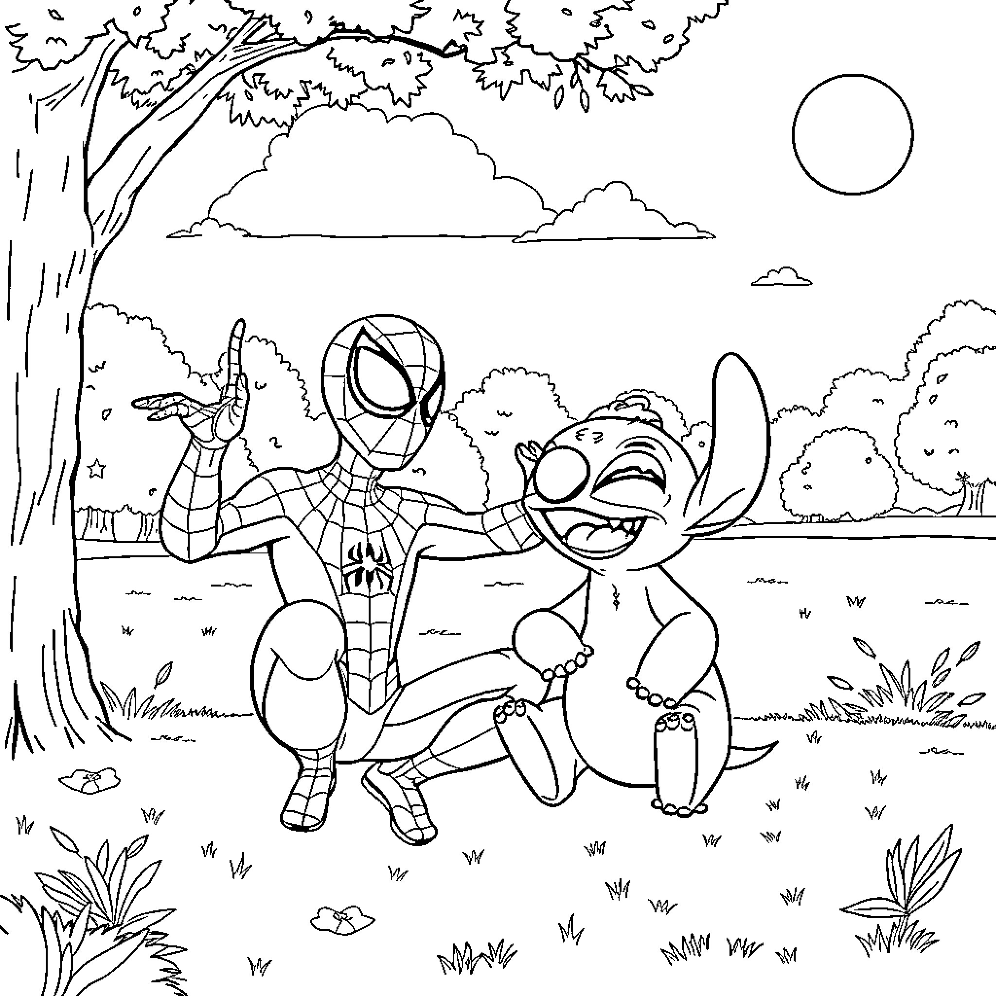 Spiderman and Stitch exploring the outdoors Coloring Page (free black-and-white line drawing printable PDF for all, from beginners to advanced learners, including children, teens, adults, and seniors)