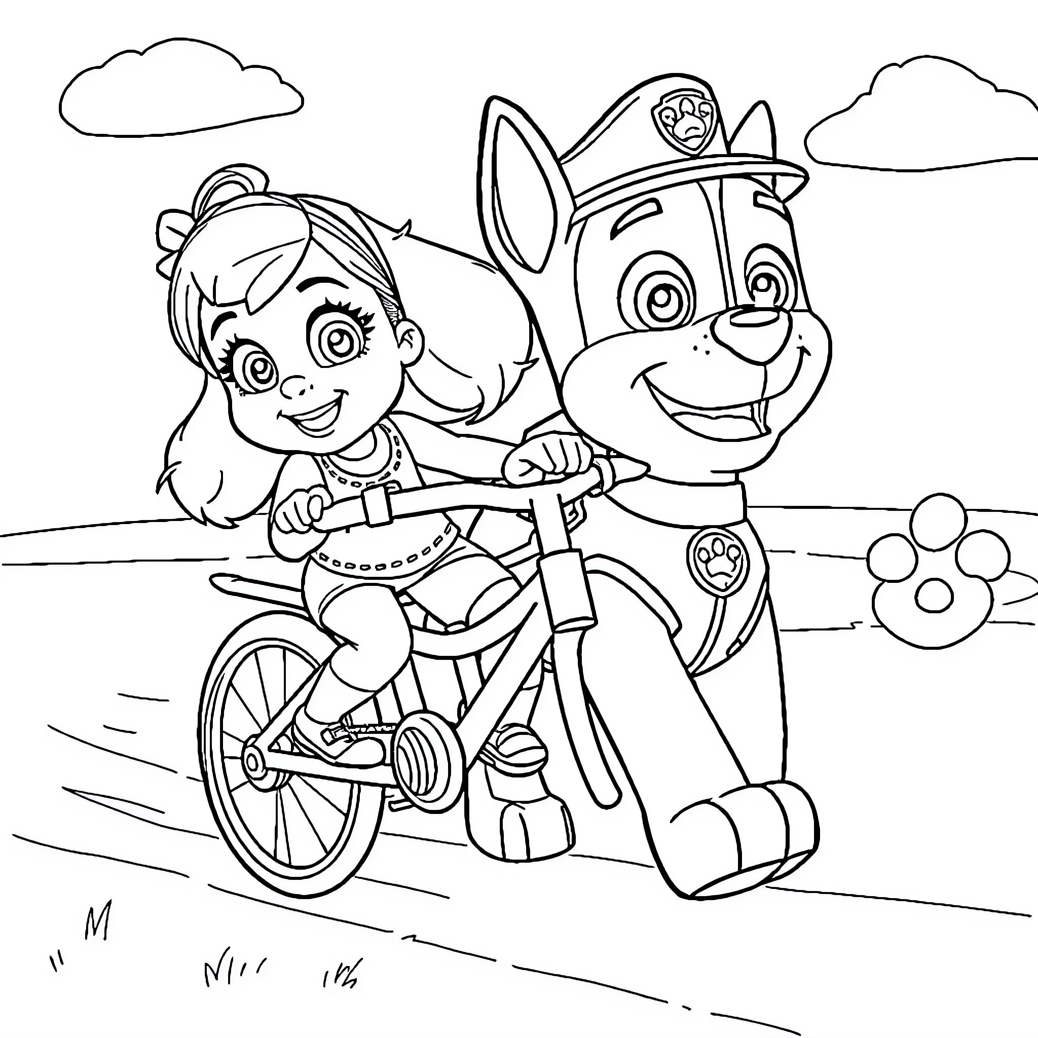 Skye and Paw Patrol Friends on a Bike Ride Coloring Page (free black-and-white line drawing printable PDF for all, from beginners to advanced learners, including children, teens, adults, and seniors)