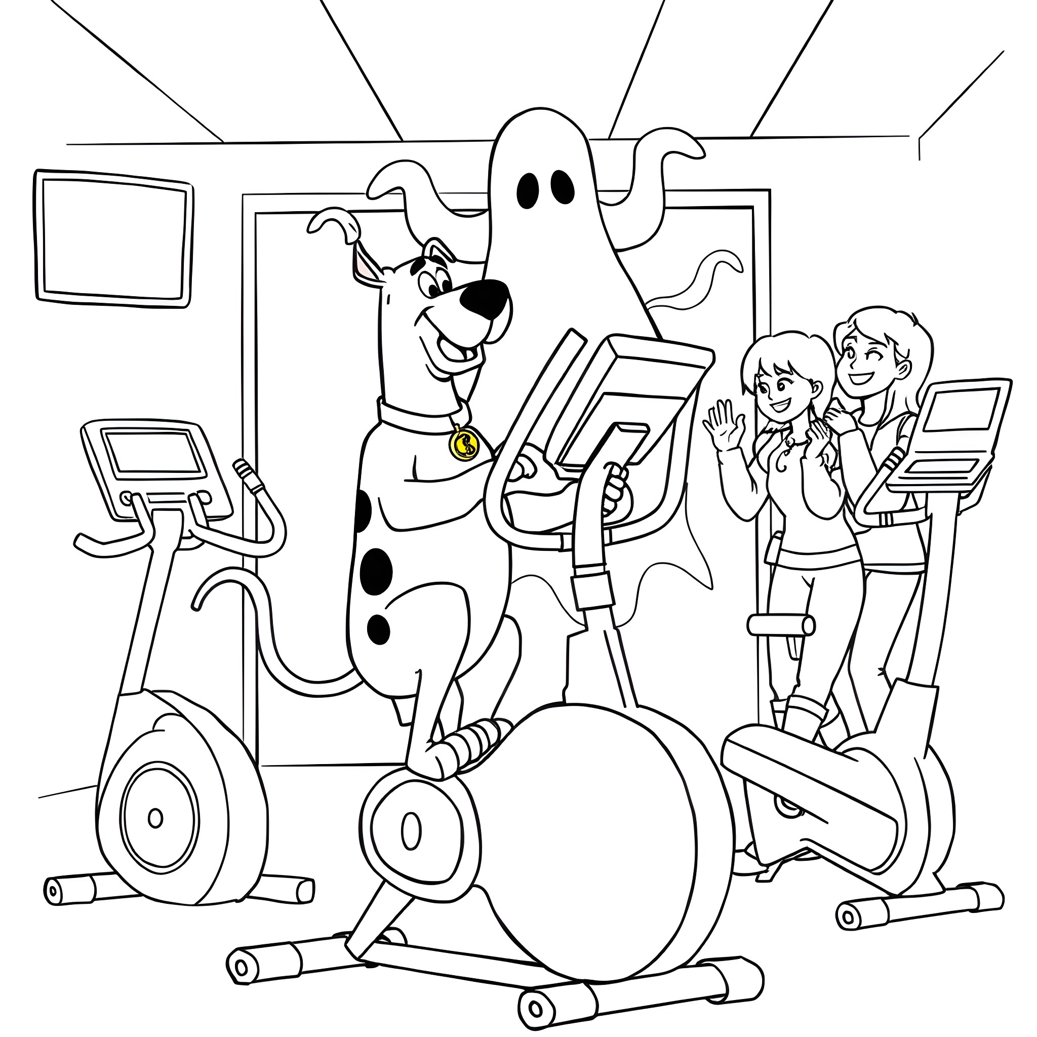 Scooby Doo and Friends at the Gym Coloring Page (free black-and-white line drawing printable PDF for all, from beginners to advanced learners, including children, teens, adults, and seniors)