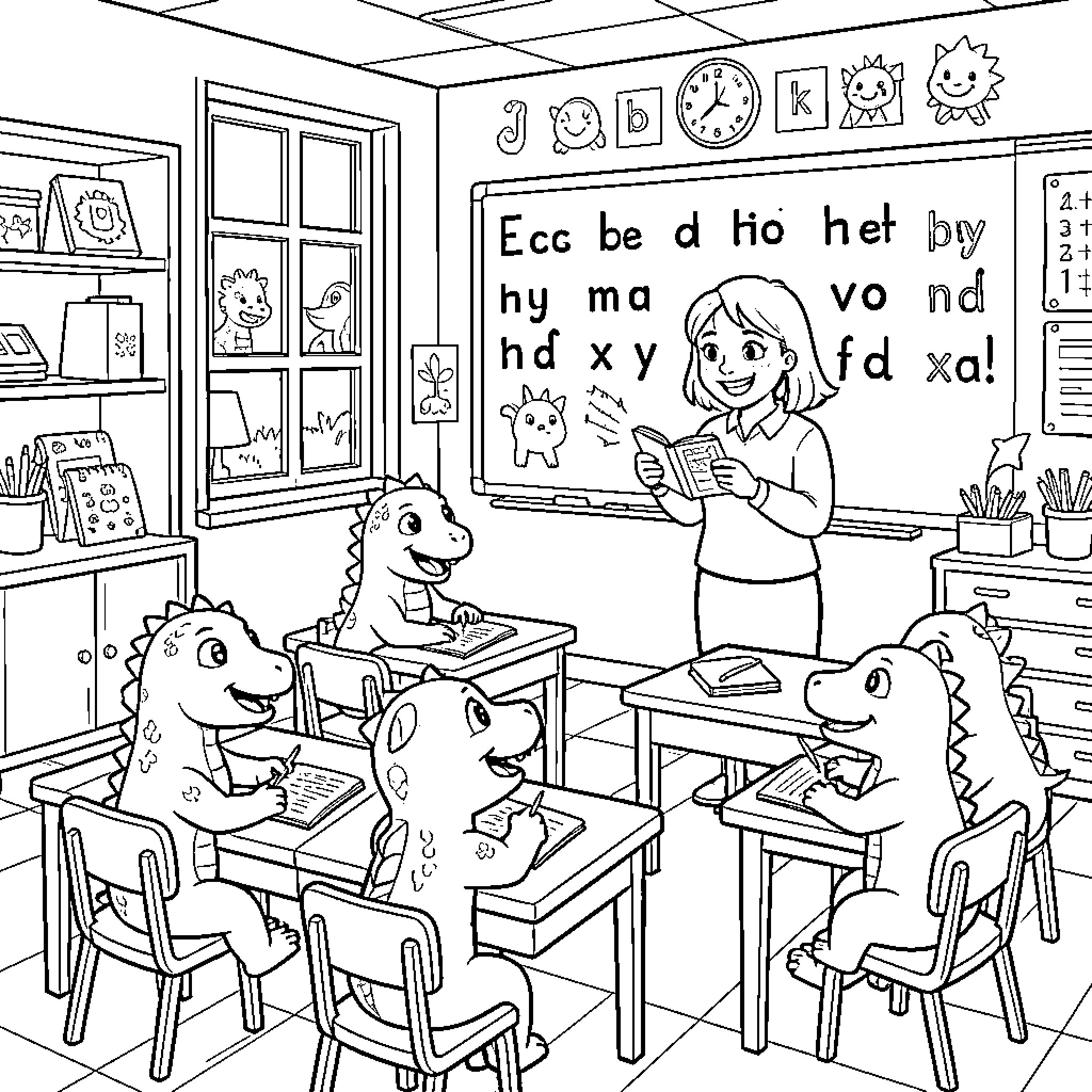 Dinosaur students learning in a classroom with a teacher Coloring Page (free black-and-white line drawing printable PDF for all, from beginners to advanced learners, including children, teens, adults, and seniors)