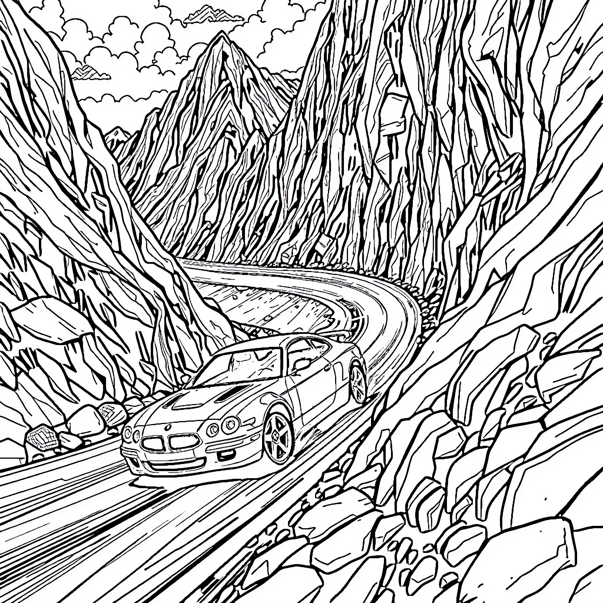 Car driving on winding mountain road Coloring Page (free black-and-white line drawing printable PDF for all, from beginners to advanced learners, including children, teens, adults, and seniors)