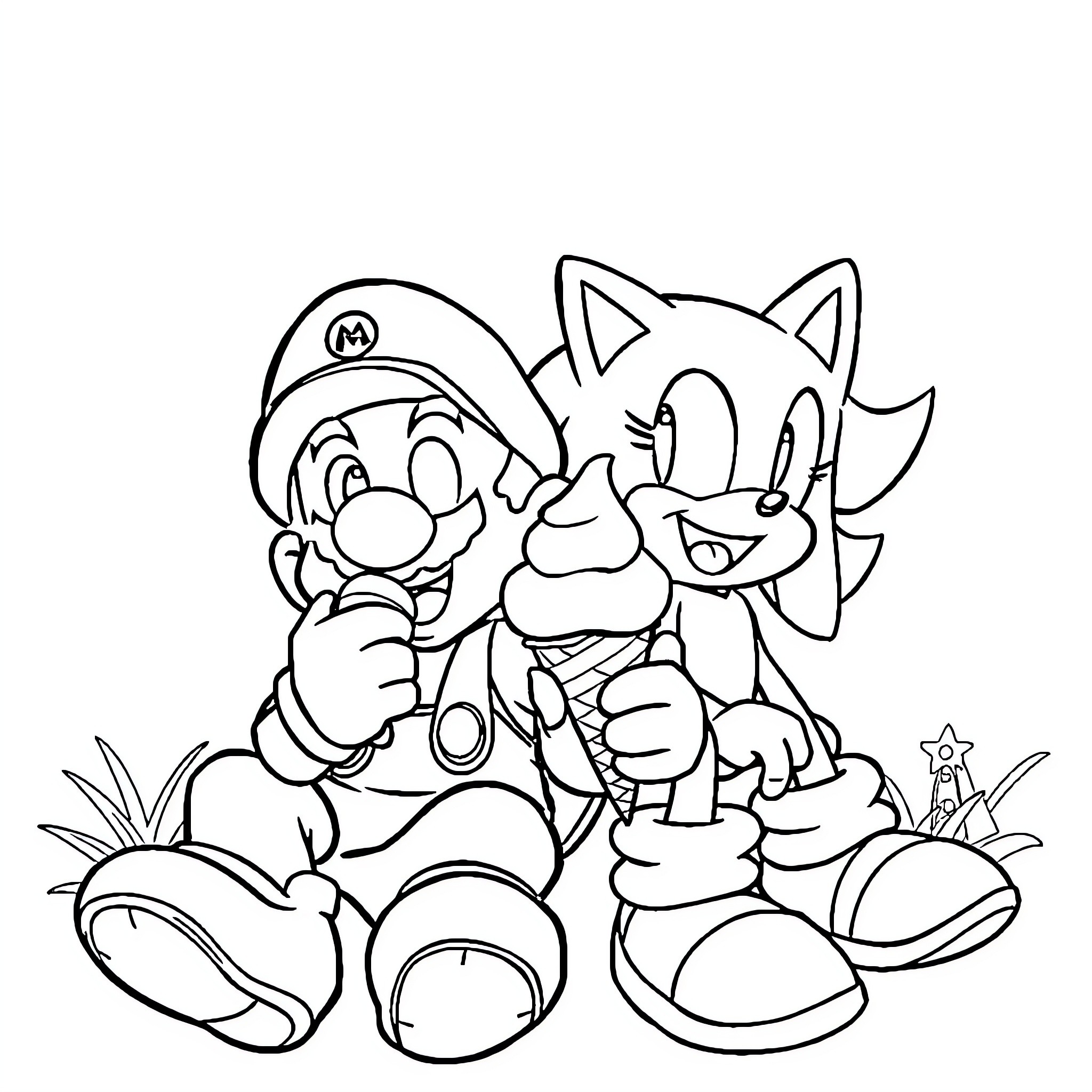 Mario and Sonic Enjoying a Playful Adventure Coloring Page (free black-and-white line drawing printable PDF for all, from beginners to advanced learners, including children, teens, adults, and seniors)