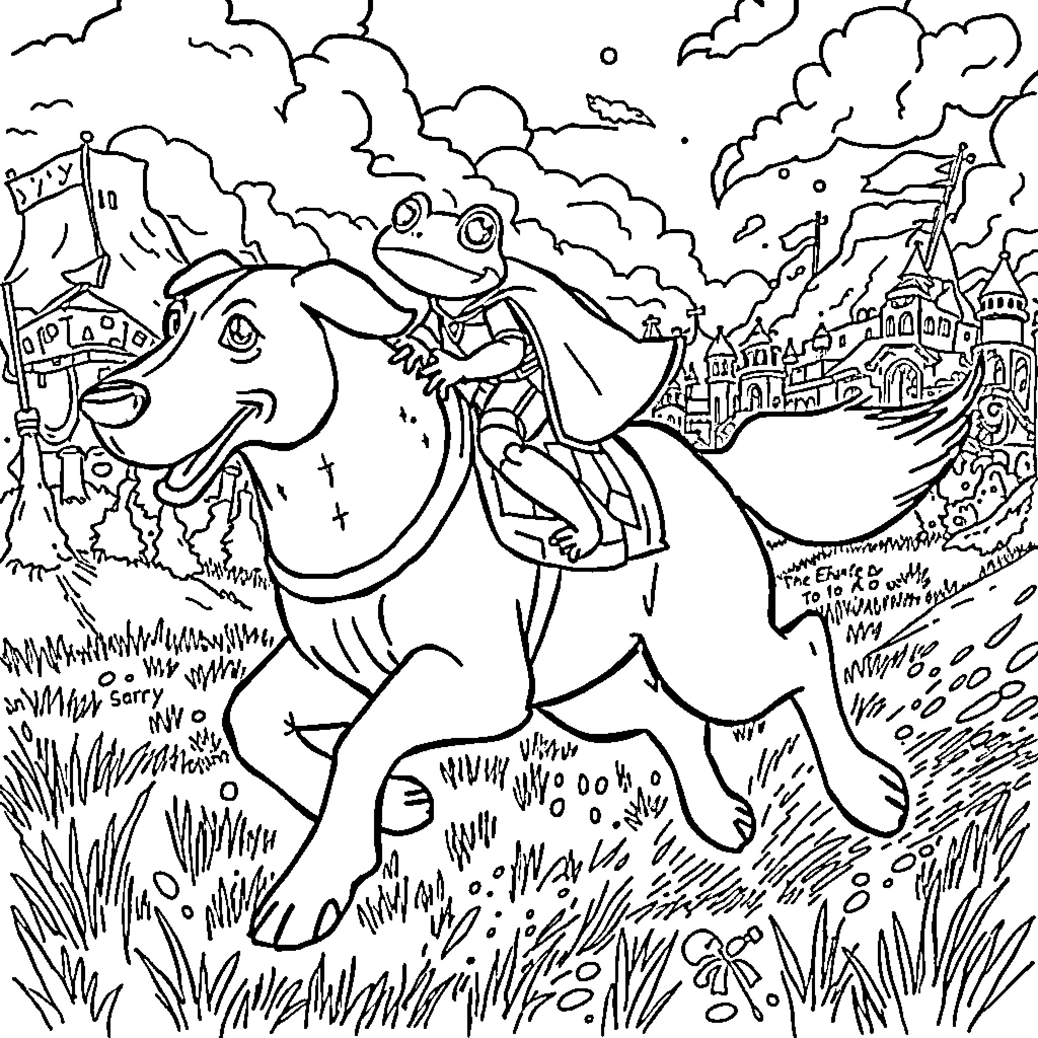 Frog riding on a donkey through a magical landscape Coloring Page (free black-and-white line drawing printable PDF for all, from beginners to advanced learners, including children, teens, adults, and seniors)