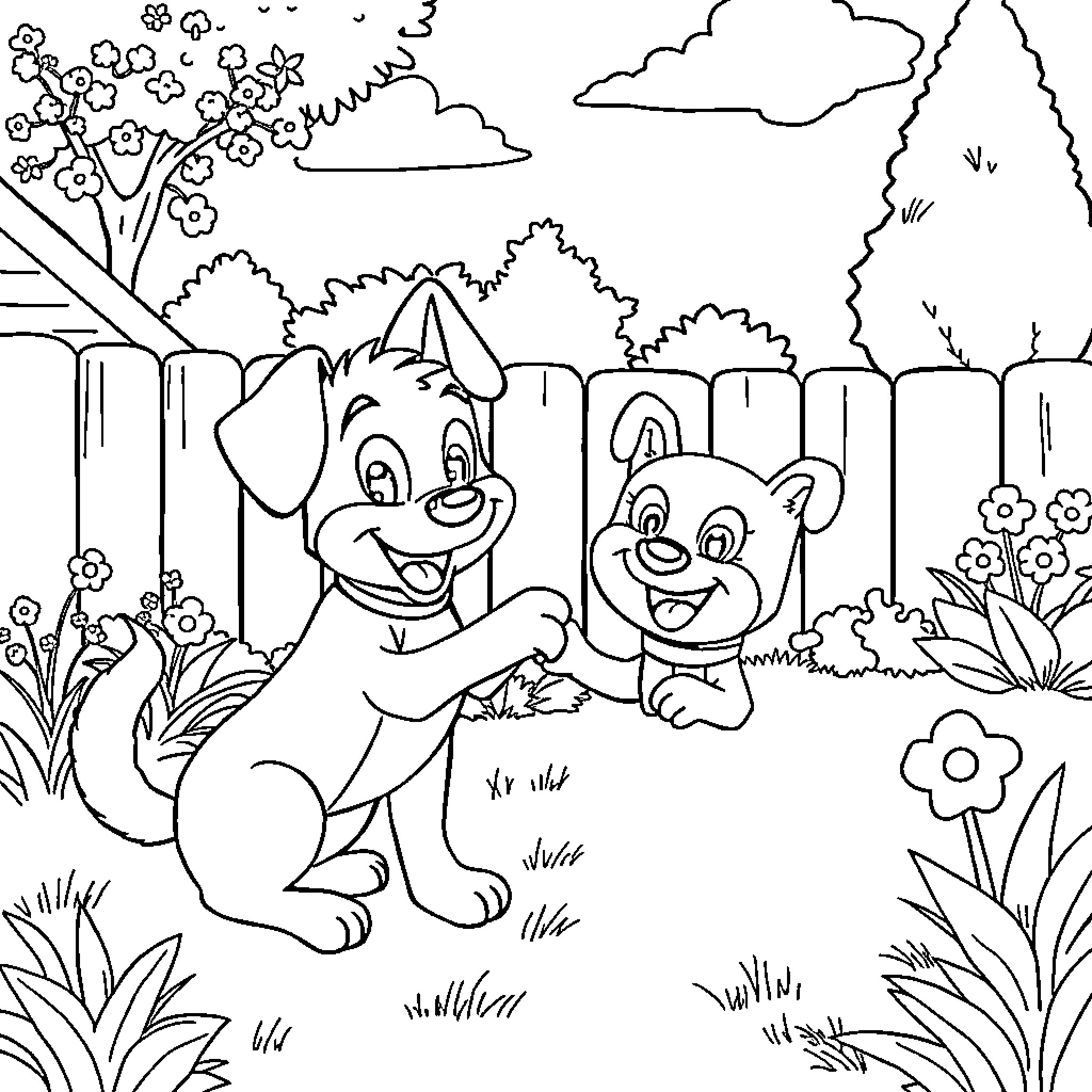 Bluey and Friends Enjoying Outdoor Adventure Coloring Page (free black-and-white line drawing printable PDF for all, from beginners to advanced learners, including children, teens, adults, and seniors)