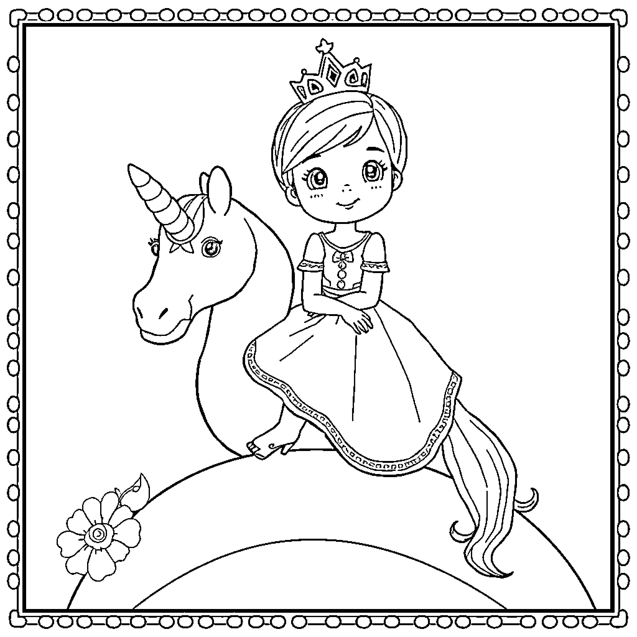 Unicorn and Princess in a Magical Scene Coloring Page (free black-and-white line drawing printable PDF for all, from beginners to advanced learners, including children, teens, adults, and seniors)