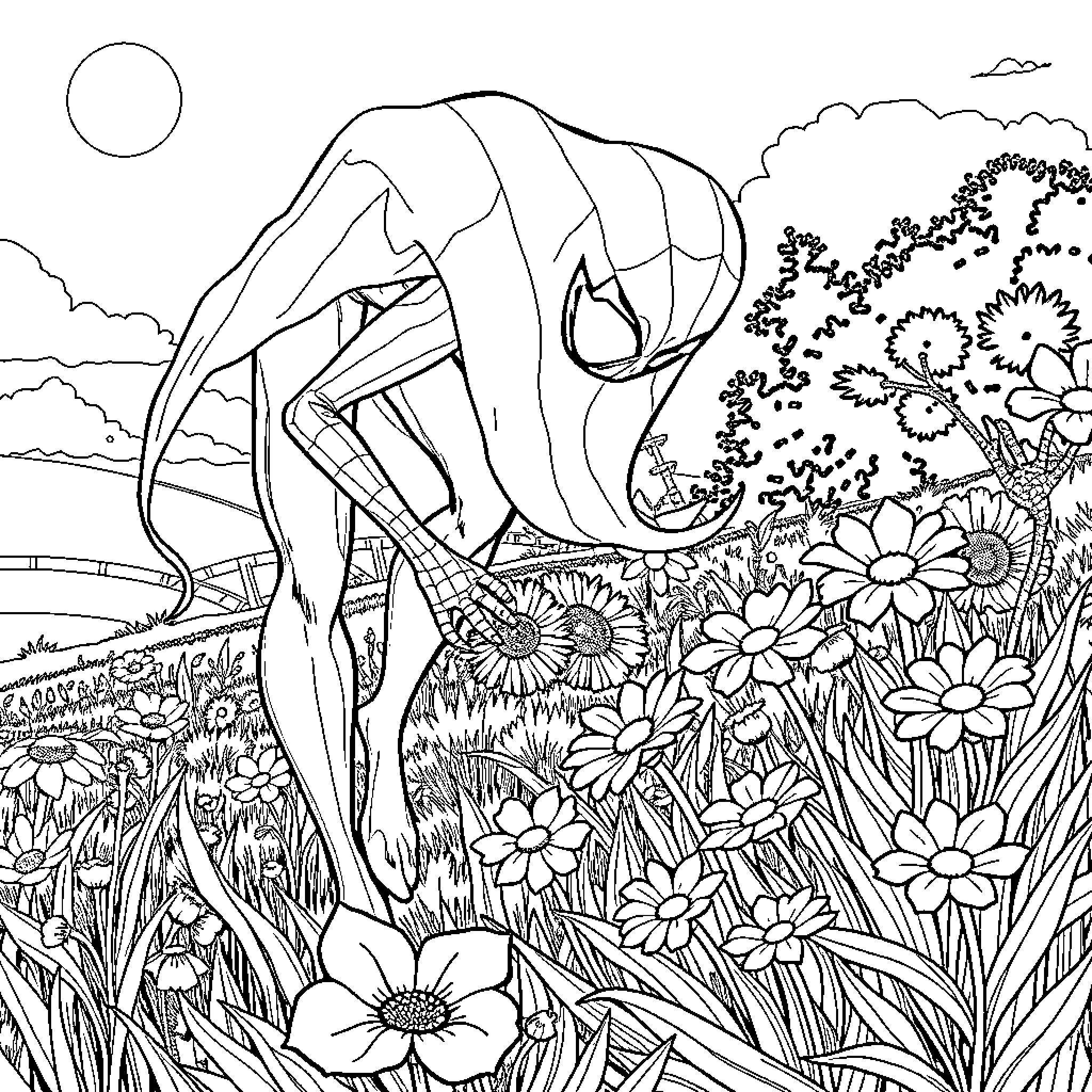 Ghost Spider climbing through a lush, flowery field Coloring Page (free black-and-white line drawing printable PDF for all, from beginners to advanced learners, including children, teens, adults, and seniors)